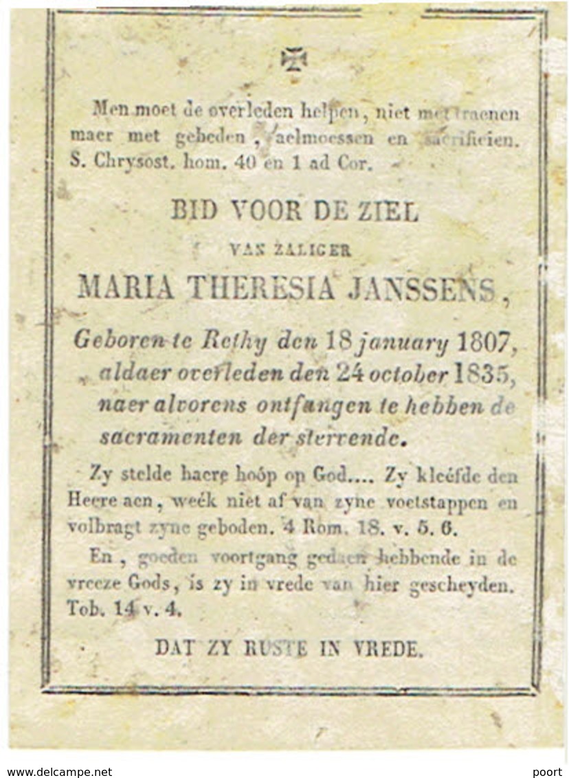 Doodsprentje JANSSENS Maria Theresia - °RETIE En Er Overleden 1835 - (Prachtige KOPERGRAVURE) - Devotion Images