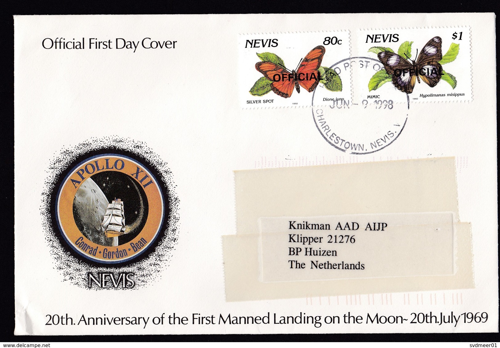 Nevis: Lot Of 6x Cover To Netherlands, 1998, Total 11 Stamps, Butterfly, Overprint Official (damaged: Discolouring Tape) - St.Kitts En Nevis ( 1983-...)