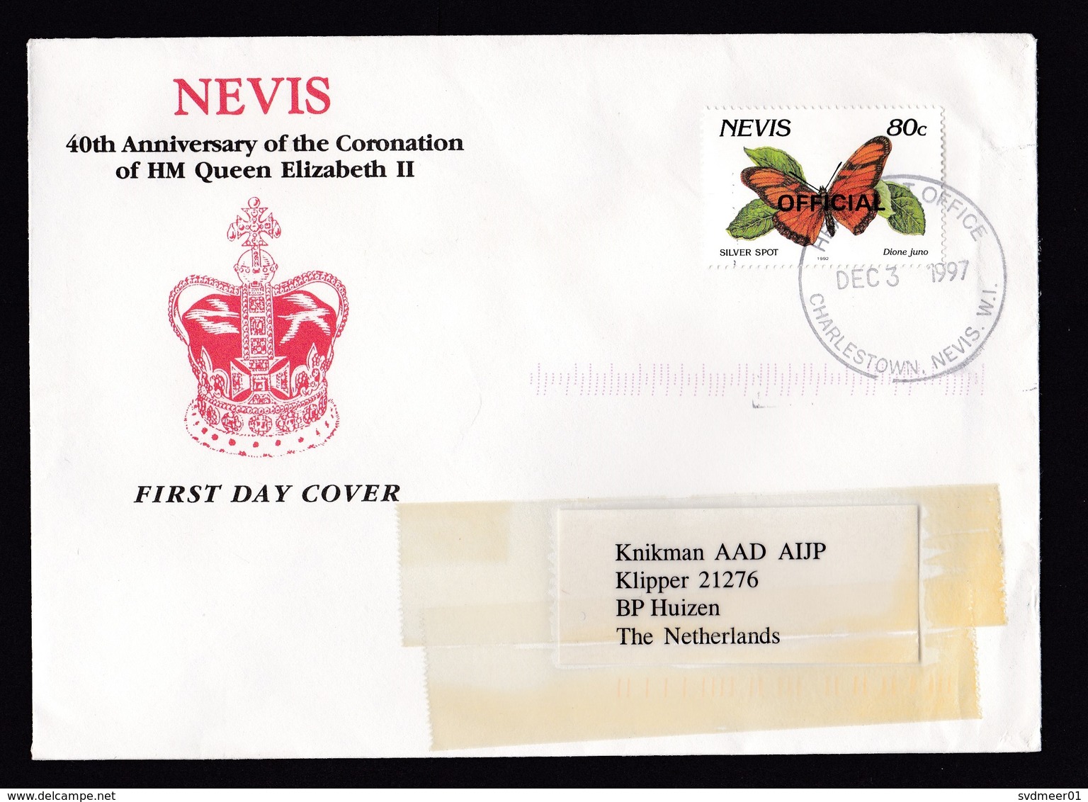 Nevis: Lot Of 6x Cover To Netherlands, 1998, Total 11 Stamps, Butterfly, Overprint Official (damaged: Discolouring Tape) - St.Kitts En Nevis ( 1983-...)