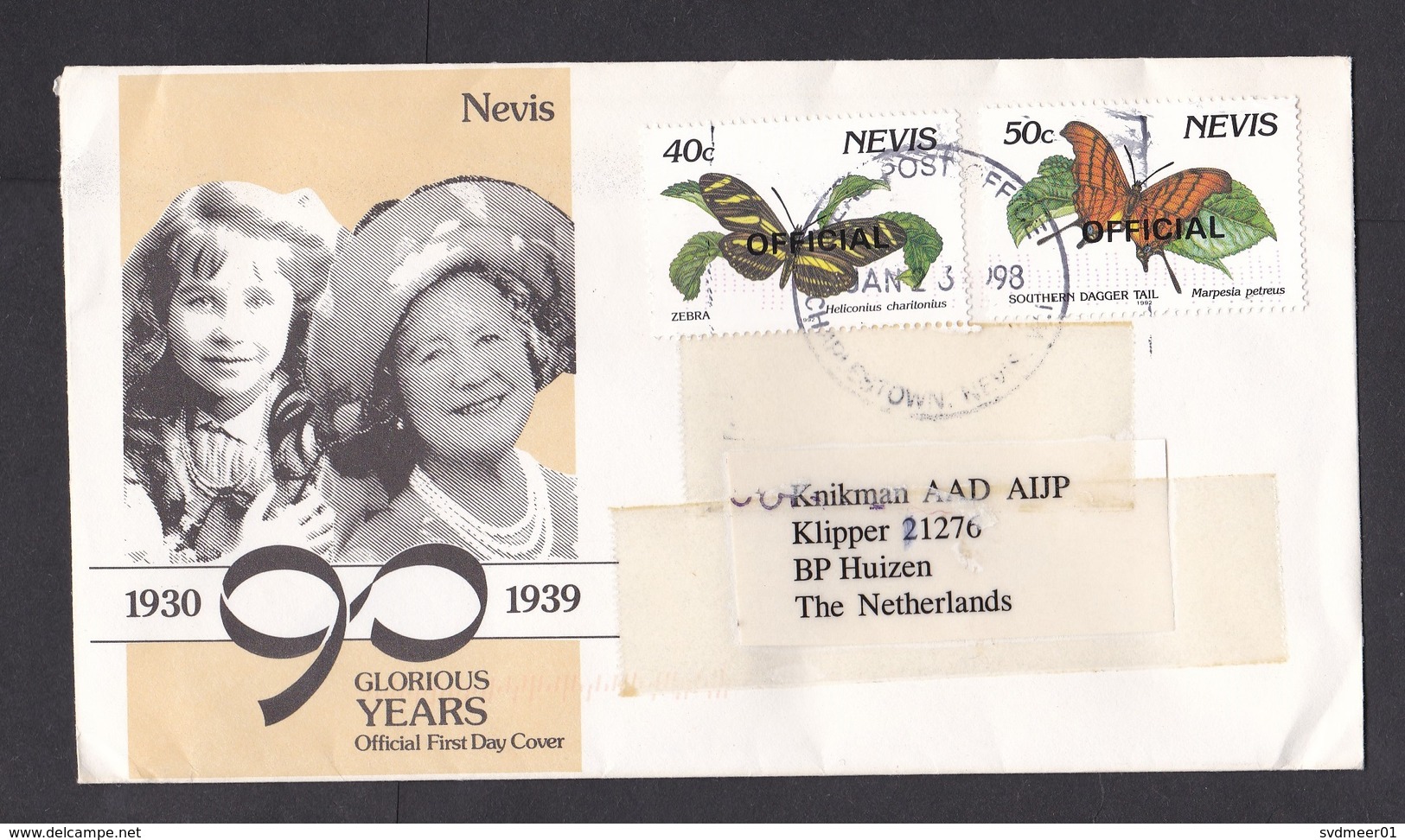 Nevis: Lot Of 6x Cover To Netherlands, 1998, Total 11 Stamps, Butterfly, Overprint Official (damaged: Discolouring Tape) - St.Kitts En Nevis ( 1983-...)