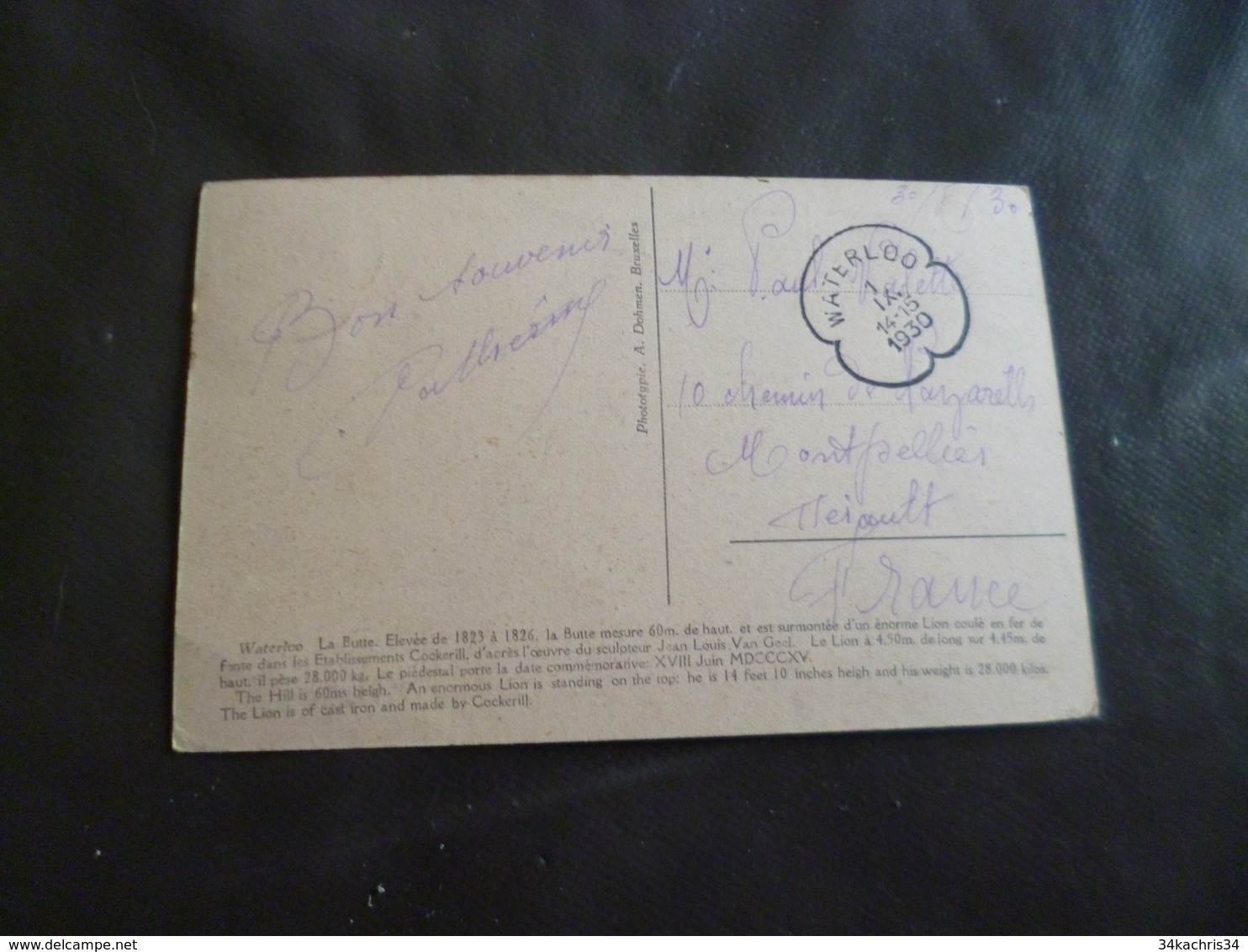 SUR CPA Waterloo 14/15/1930 1 TP Ancien + Cachet Remarquable - Cartas & Documentos