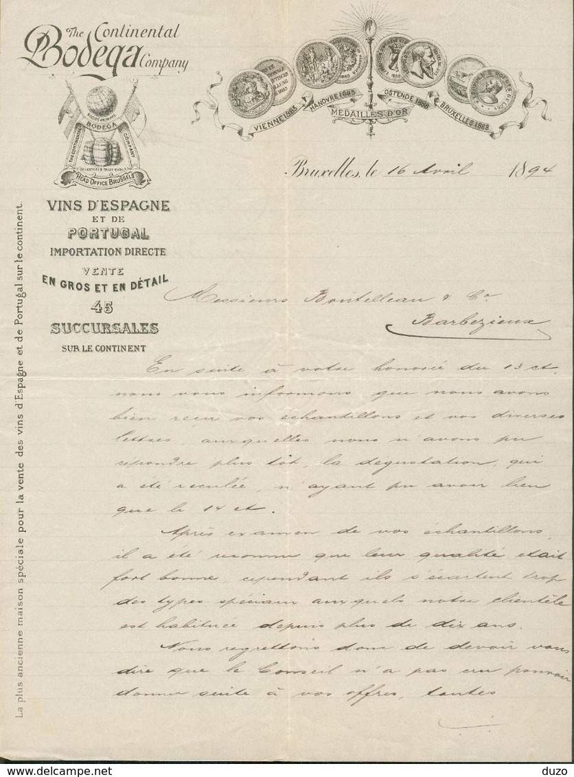 Belgique- Bruxelles- Entête Du 16 Avril 1894 - The Continental Bodega Company - Vins D'Espagne Et De Portugal . - 1800 – 1899