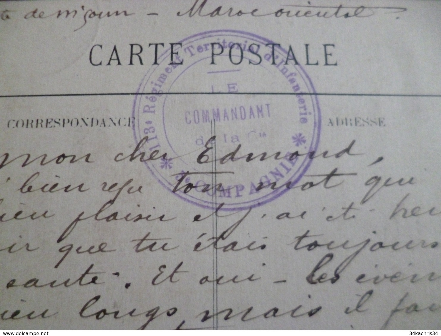 SUR CPA Maroc M'Coum Cachet Bleu 13ème Régiment Territorial D'Infanterie 5ème Compagnie TBE - Military Postmarks From 1900 (out Of Wars Periods)