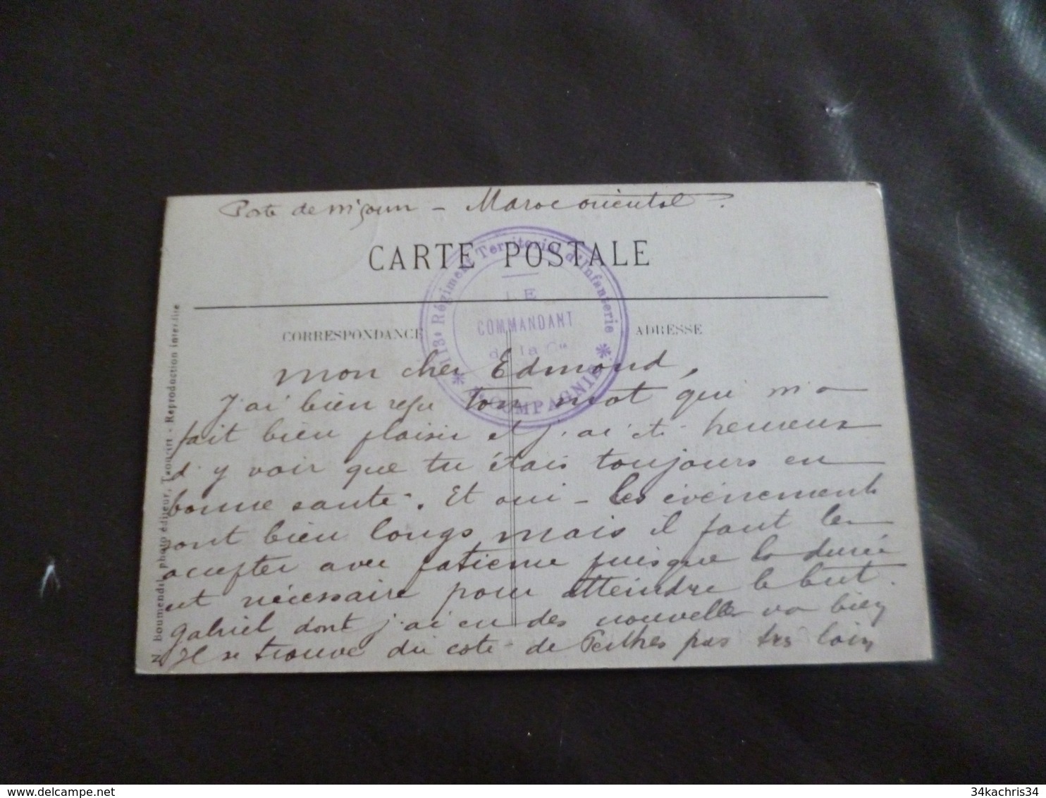 SUR CPA Maroc M'Coum Cachet Bleu 13ème Régiment Territorial D'Infanterie 5ème Compagnie TBE - Military Postmarks From 1900 (out Of Wars Periods)