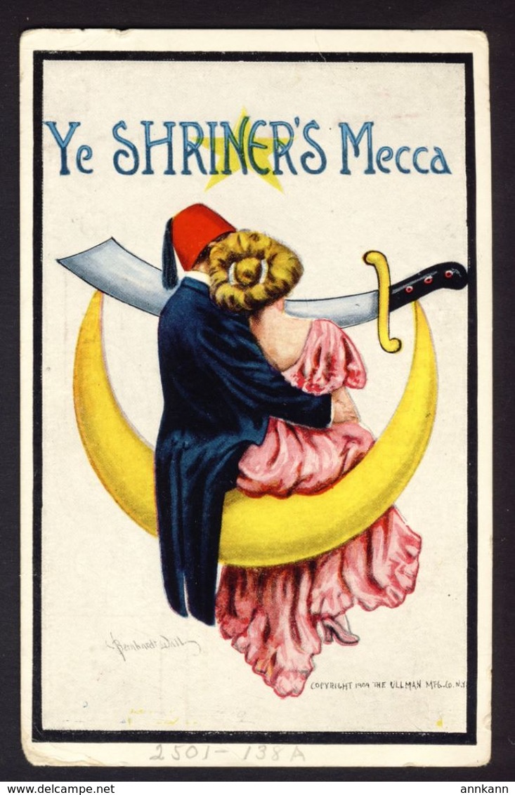FRATERNITY​ ~ Ye Shriner's Mecca, Man Shriners Hat Cuddling Blonde Woman, Crescent Moon, Shriners Sword C.1909 WALL A/s - Altri & Non Classificati