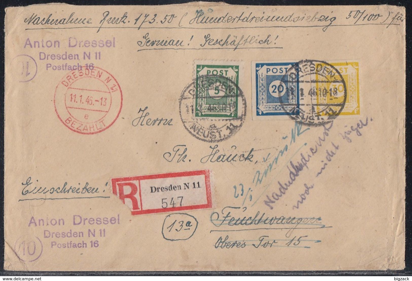 SBZ R-NN-Brief Mif Minr.54,55,57 Dresden 11.1.46 Zurück Nachsendedienst Noch Nicht Möglich - Sonstige & Ohne Zuordnung