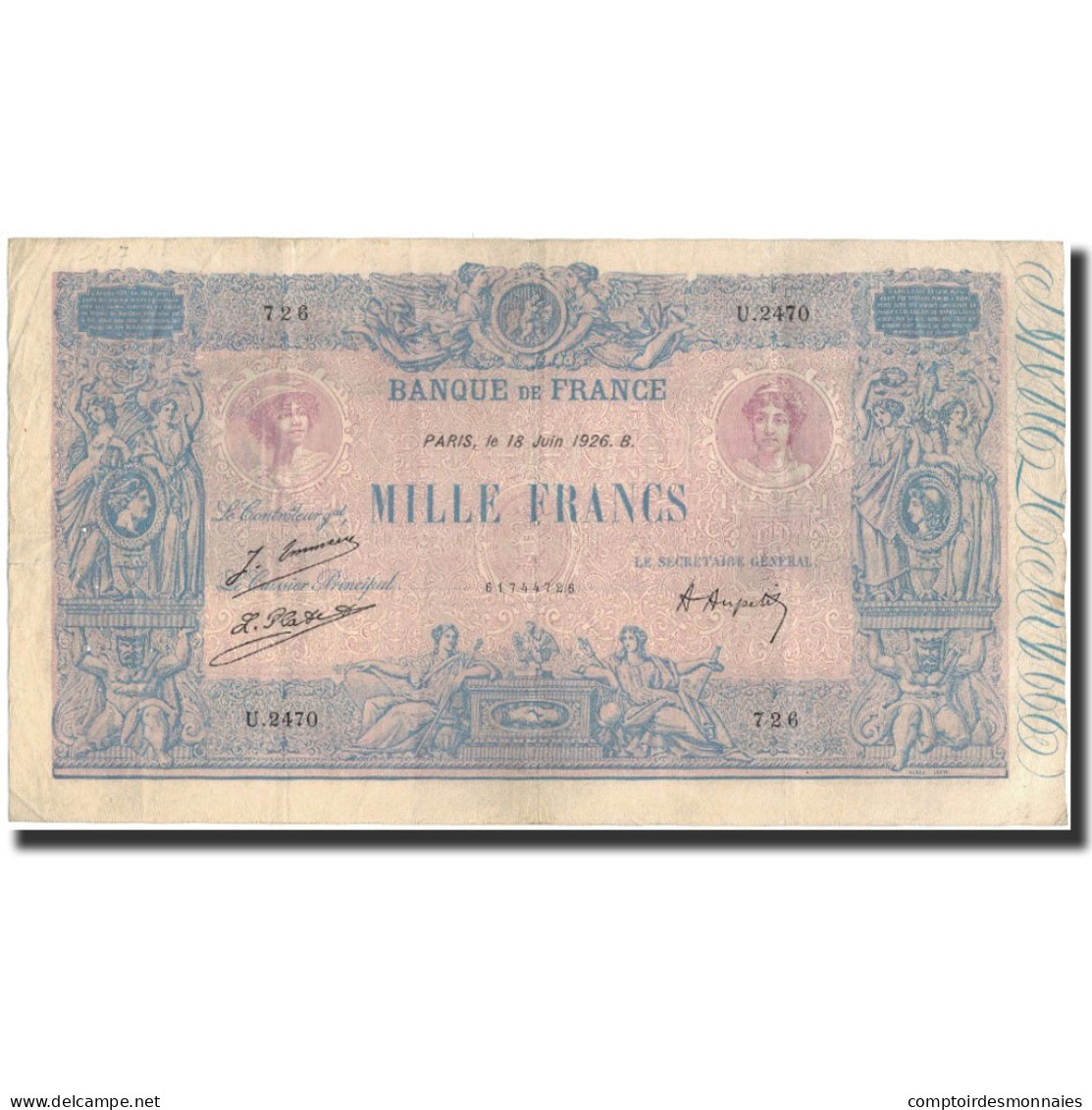 France, 1000 Francs, 1926–06–18, TTB, Fayette:36.42, KM:67j - 1 000 F 1889-1926 ''Bleu Et Rose''