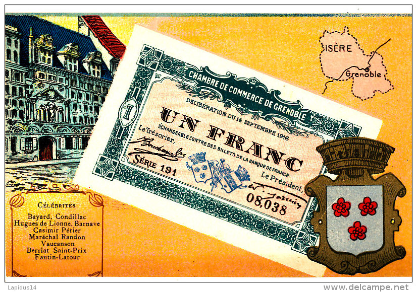 AJ 610 /C P A -   GRNOBLE  CHAMBRE DE COMMERCE  1 FRANC  BILLET DE NECESSITE 14 SEPTMBRE  1916 SUR CARTE POSTALE - Autres & Non Classés