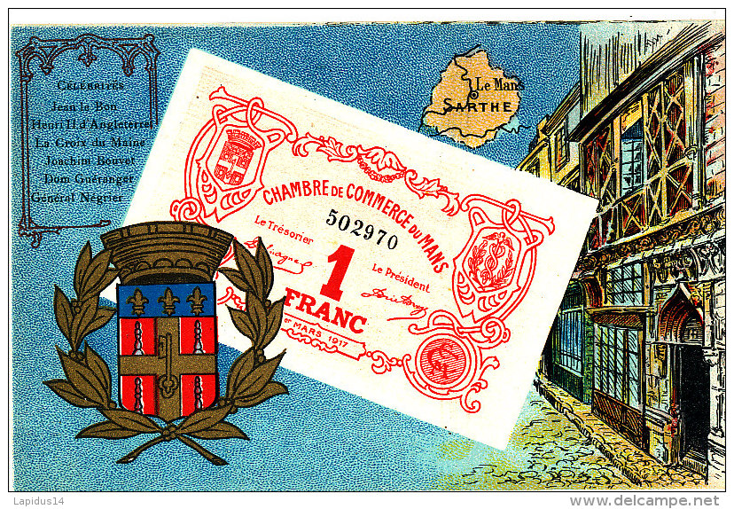 AJ 614 /C P A - LE MANS  CHAMBRE DE COMMERCE  1 FRANC  BILLET DE NECESSITE   SUR CARTE POSTALE - Autres & Non Classés