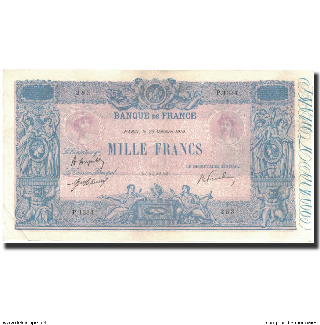 France, 1000 Francs, 1919. 10. 23, TTB+, Fayette:36.34, KM:67h - 1 000 F 1889-1926 ''Bleu Et Rose''