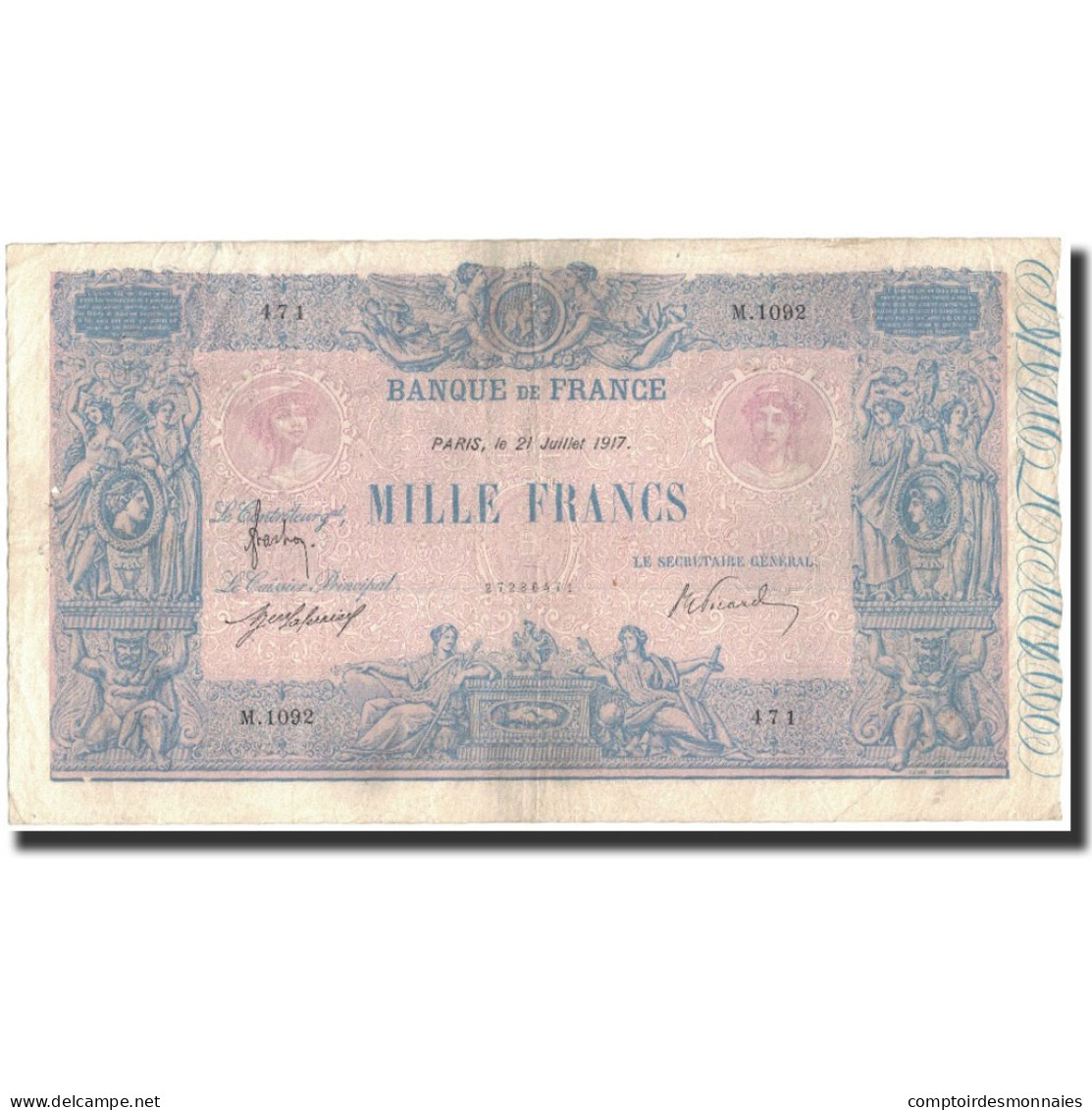 France, 1000 Francs, 1917-07-21, TTB, Fayette:36.31, KM:67g - 1 000 F 1889-1926 ''Bleu Et Rose''