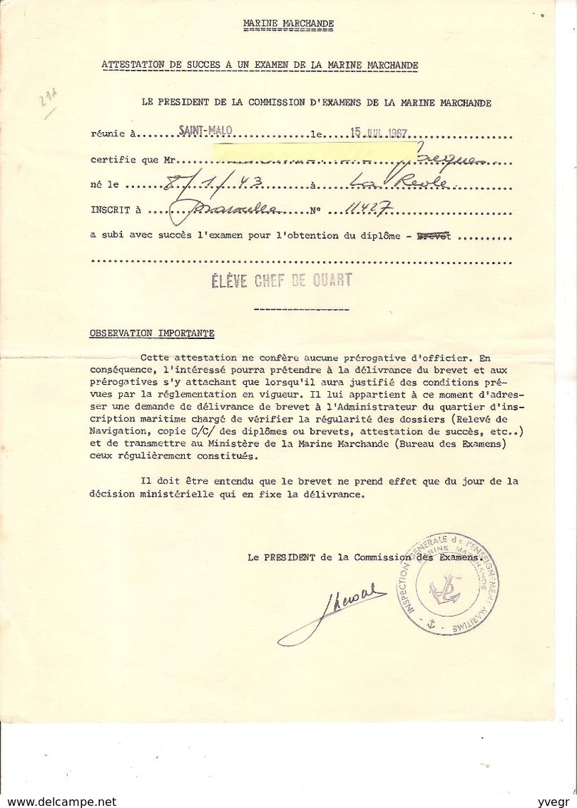 Marine Marchande -Attestation Dilôme Elève Chef De Quart (cachet Inspection Générale De L'enseignement Maritime)St-Malo - Diplômes & Bulletins Scolaires