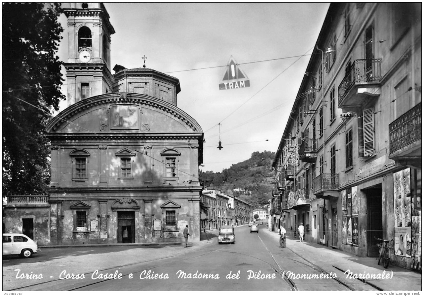 07282 "TORINO - C.SO CASALE E CHIESA MAD. DEL PILONE (MON. NAZ.)  - SACAT" ANIM. AUTO ANNI '50. CART. ORIG. NON SPED. - Multi-vues, Vues Panoramiques