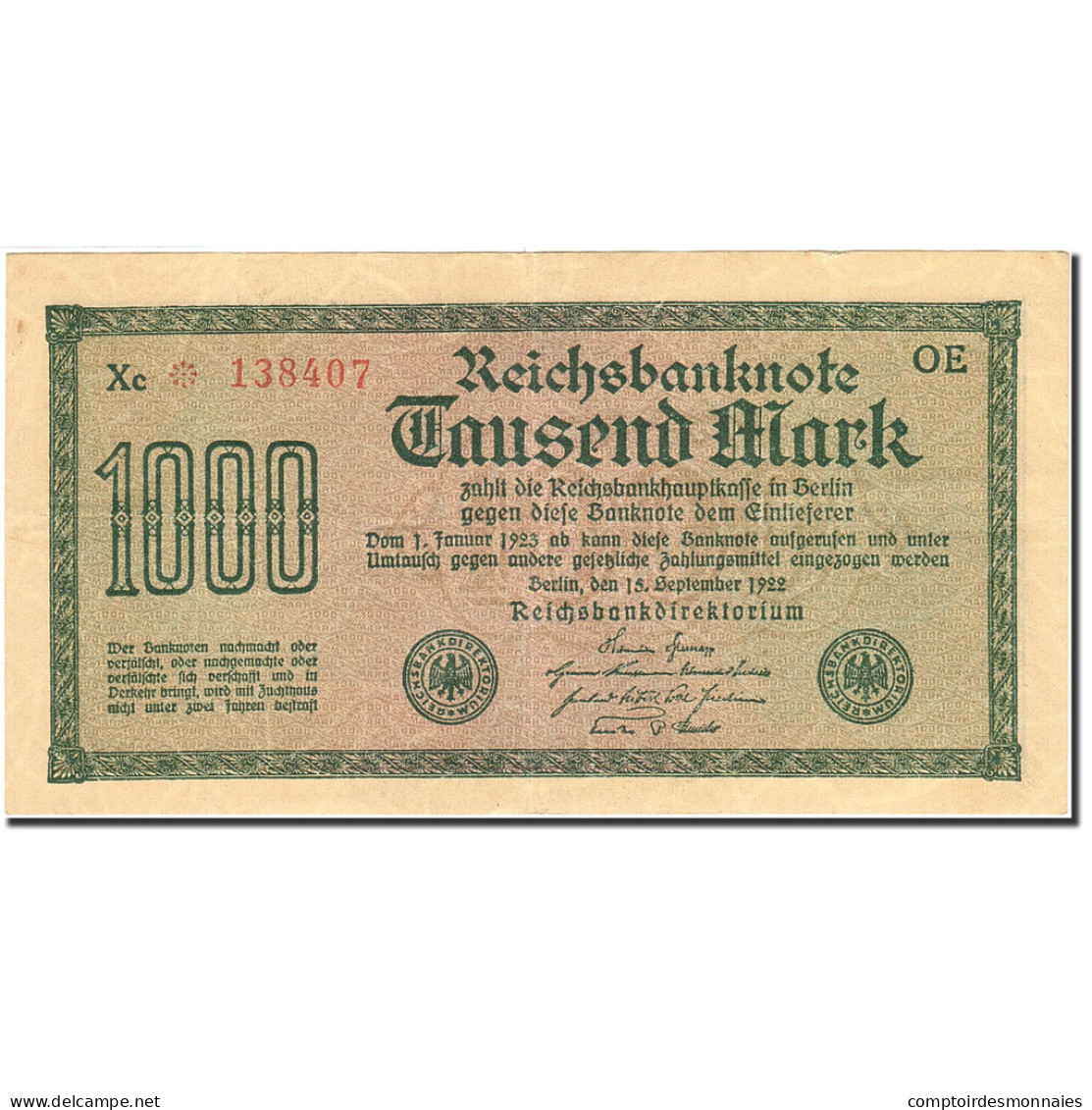 Billet, Allemagne, 1000 Mark, 1922, 1922-09-15, KM:76b, SUP - 1000 Mark