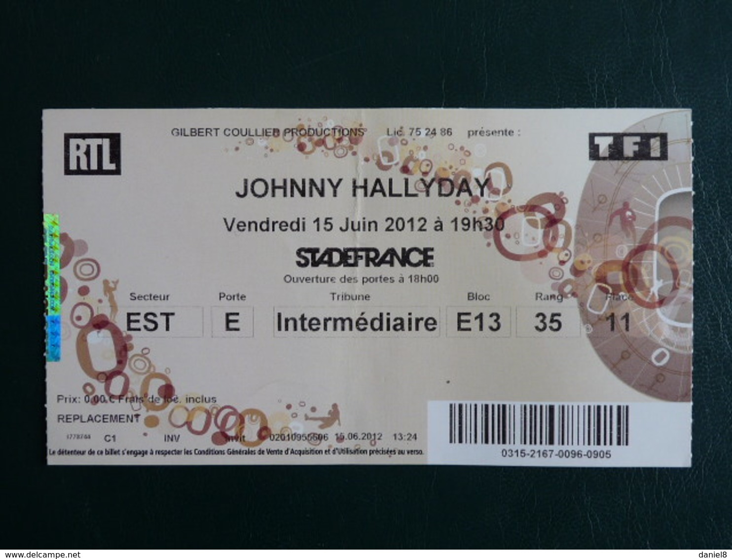 Ticket  JOHNNY  HALLYDAY  Stade De France  Juin 2012 - Tickets D'entrée