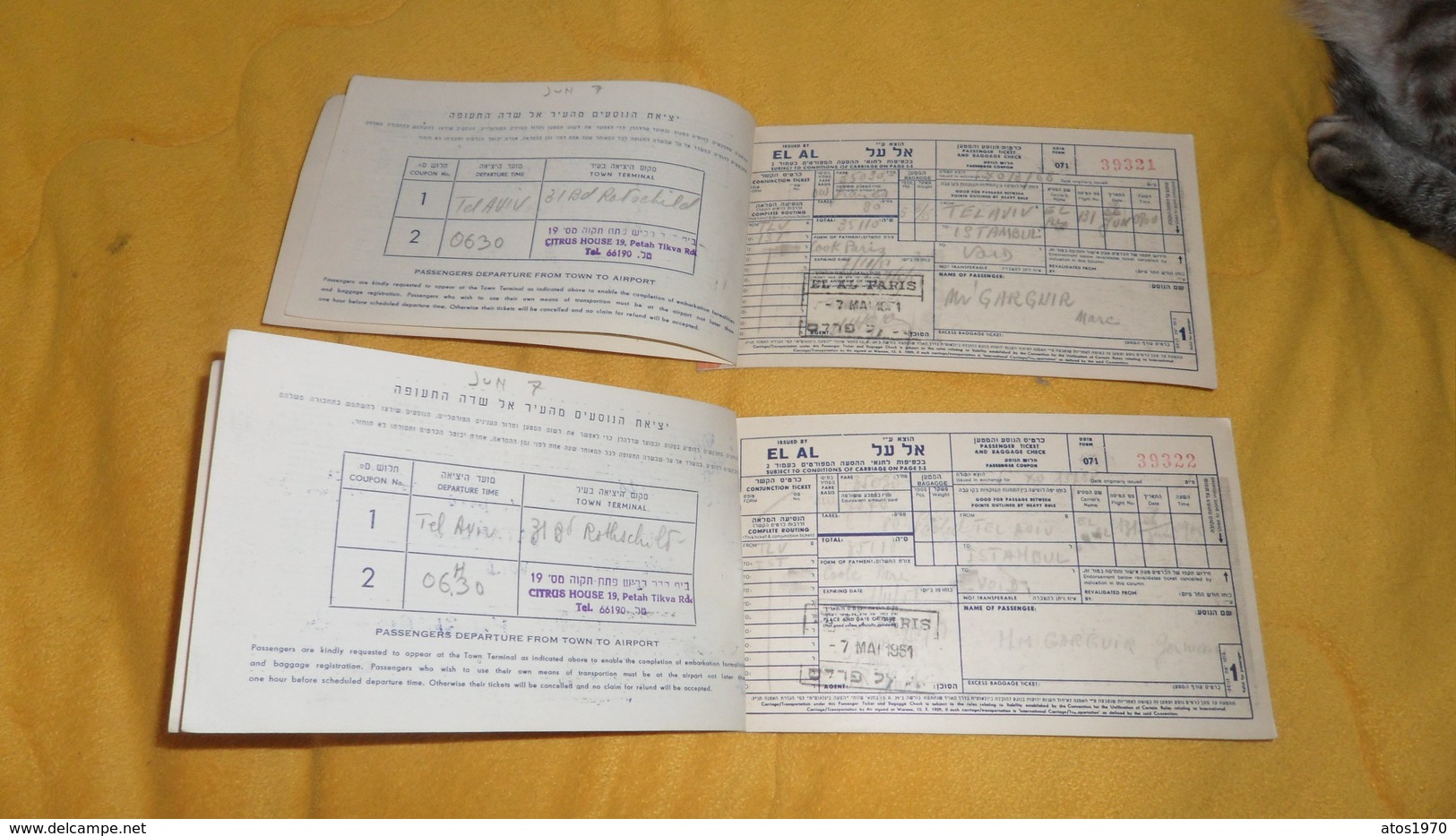 LOT DE 2 TICKETS DE 1951. / PASSENGER TICKET ISSUED BY EL AL. / ISRAEL NATIONAL AIRLINES LTD. / CACHET + TIMBRES FISCAUX - Tickets