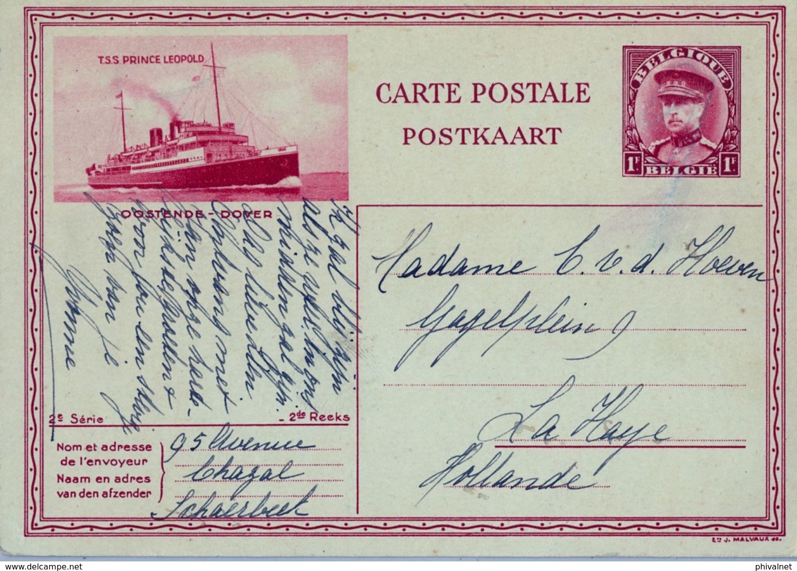 1934 , BÉLGICA , TARJETA ENTERO POSTAL CIRCULADA A LA HAYA , LINEA OOSTENDE - DOVER , T.S.S. PRINCE LEOPOLD - Cartes Paquebot