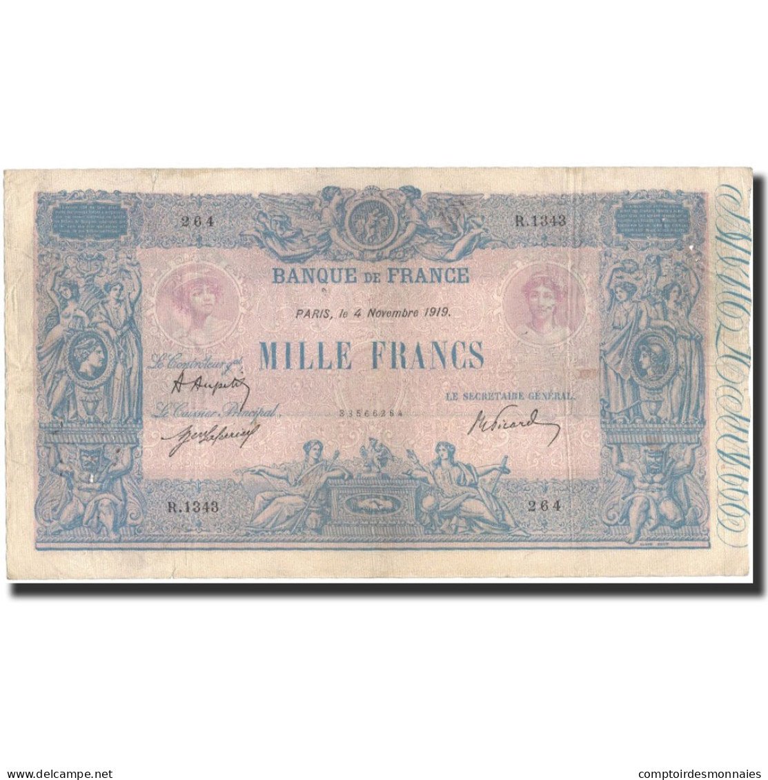 France, 1000 Francs, 1919. 11. 04, TB+, Fayette:36.34, KM:67h - 1 000 F 1889-1926 ''Bleu Et Rose''