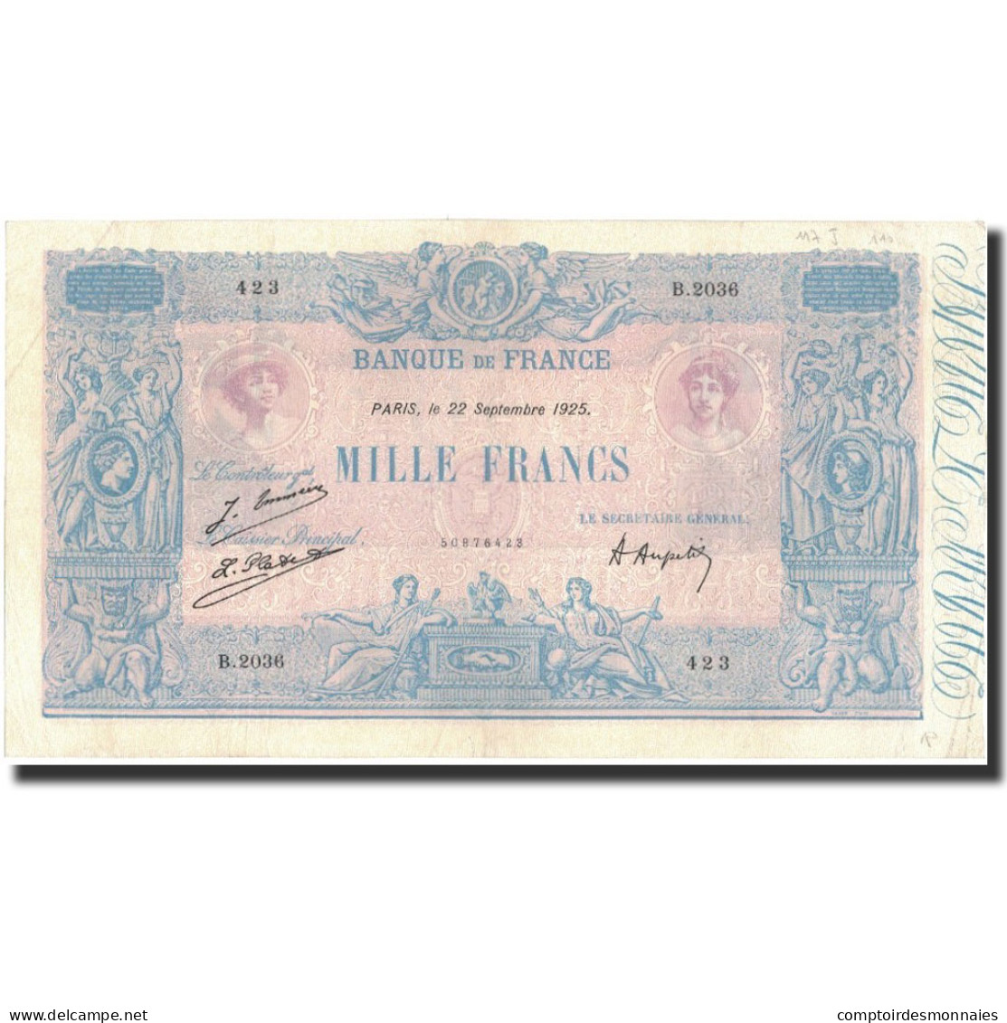 France, 1000 Francs, 1925–09–22, TTB+, Fayette:36.41, KM:67j - 1 000 F 1889-1926 ''Bleu Et Rose''