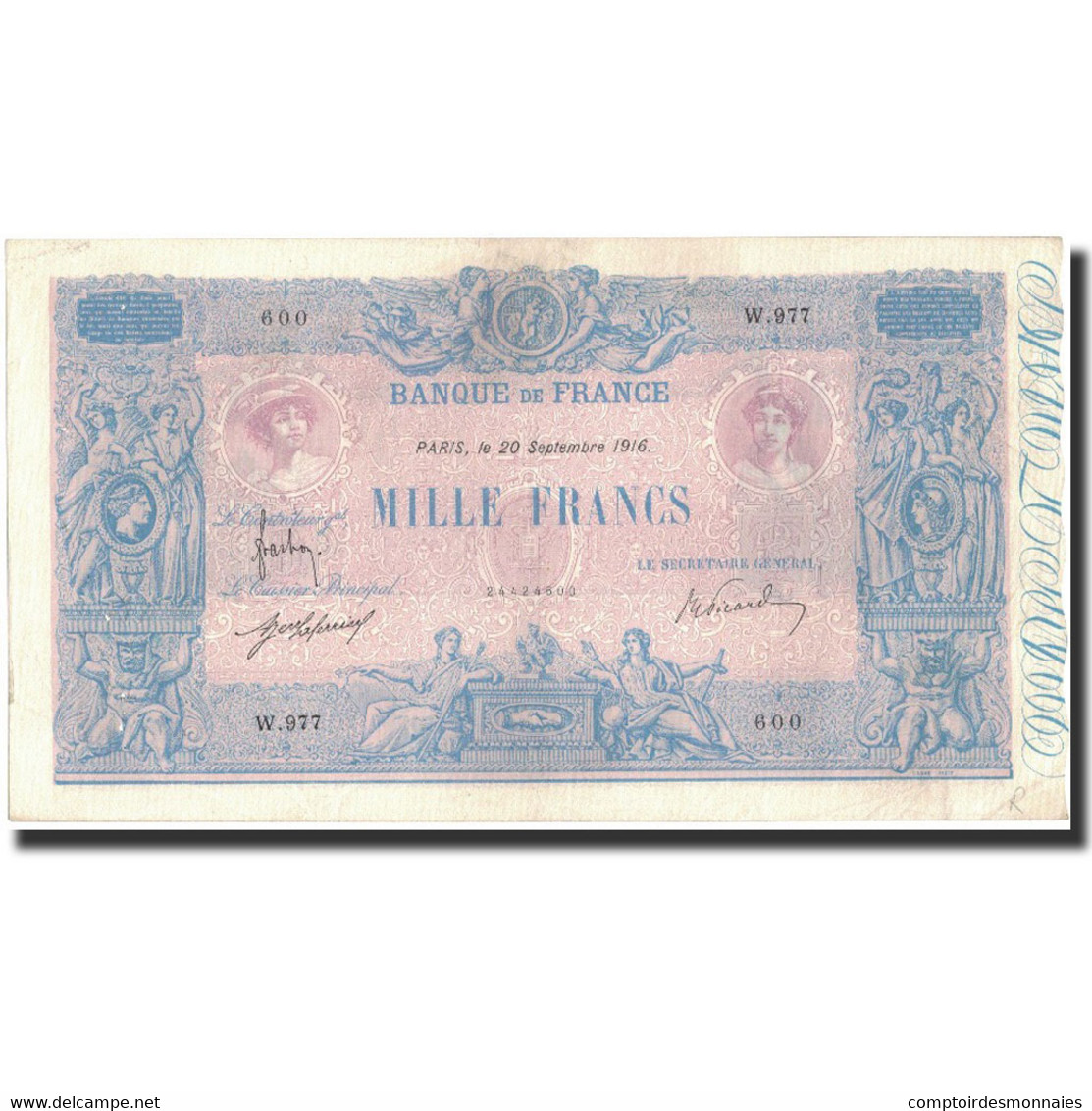 France, 1000 Francs, 1916-09-20, TTB+, Fayette:36.30, KM:67g - 1 000 F 1889-1926 ''Bleu Et Rose''