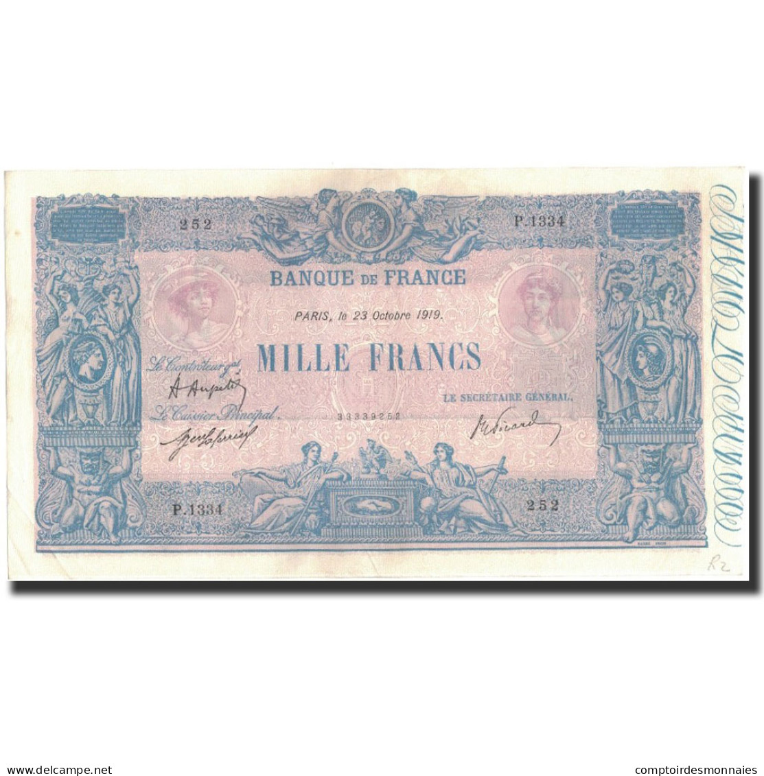 France, 1000 Francs, 1919. 10. 23, SUP, Fayette:36.34, KM:67h - 1 000 F 1889-1926 ''Bleu Et Rose''