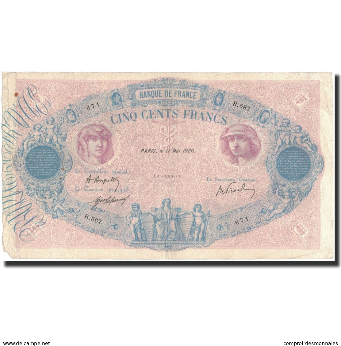 France, 500 Francs, 1920-05-11, TB+, Fayette:30.24, KM:66e - 500 F 1888-1940 ''Bleu Et Rose''