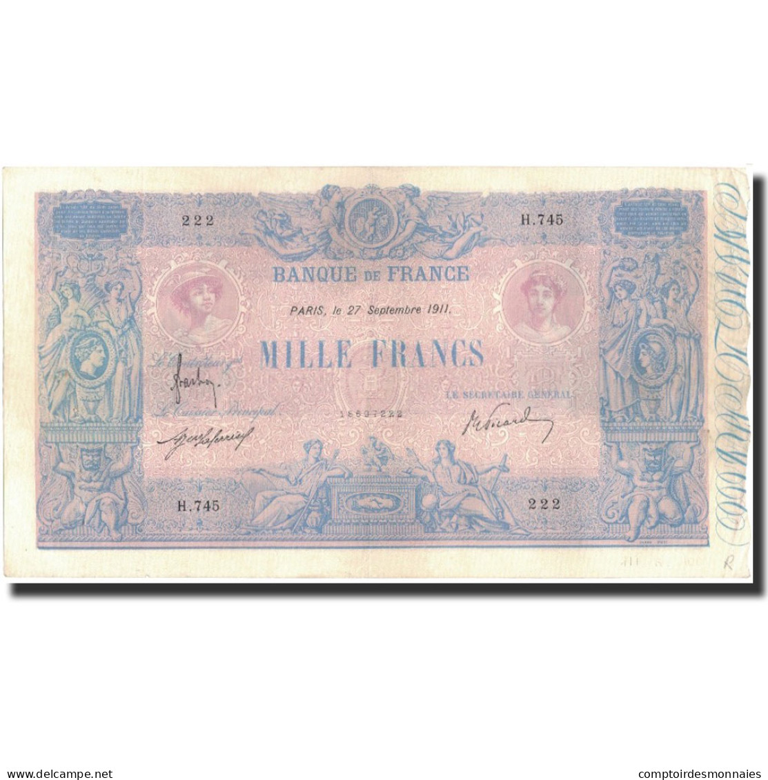 France, 1000 Francs, 1911. 09. 27, TTB+, Fayette:36.25, KM:67g - 1 000 F 1889-1926 ''Bleu Et Rose''