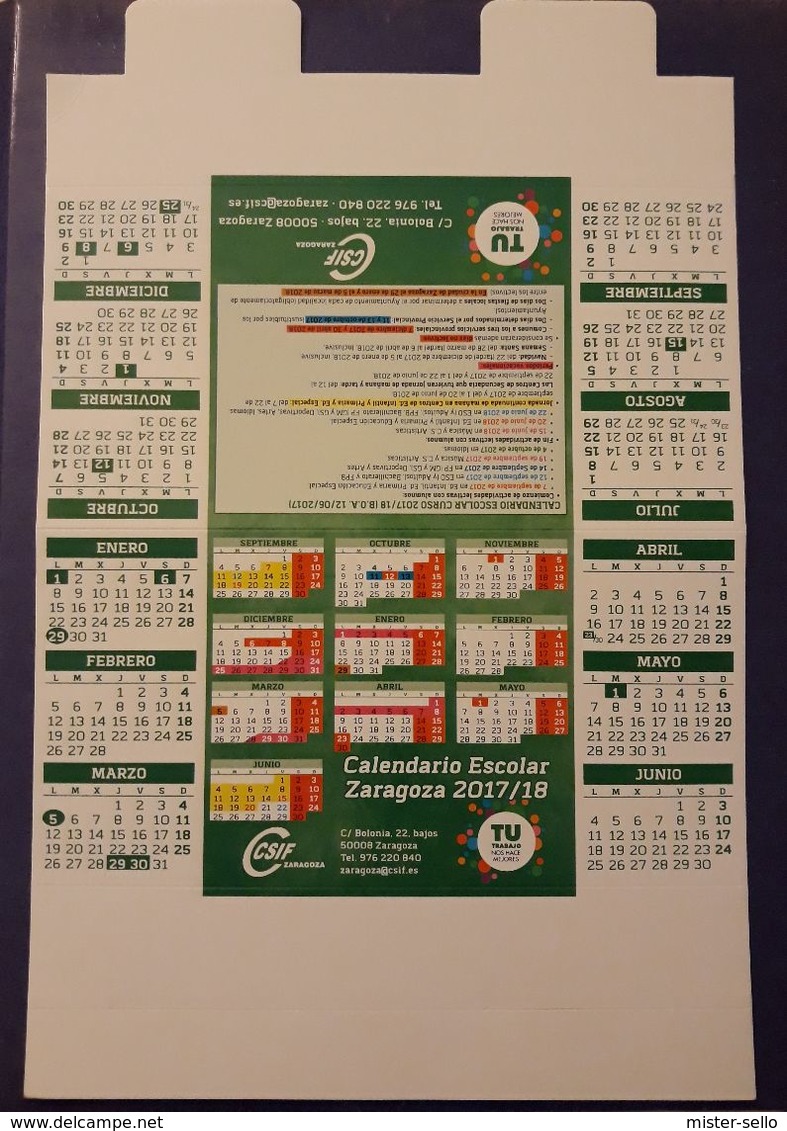 2017/18. CALENDARIO TAMAÑO MEDIANO. CSIF - CALENDARIO ESCOLAR ZARAGOZA 2017/18. - Tamaño Grande : 2001-...