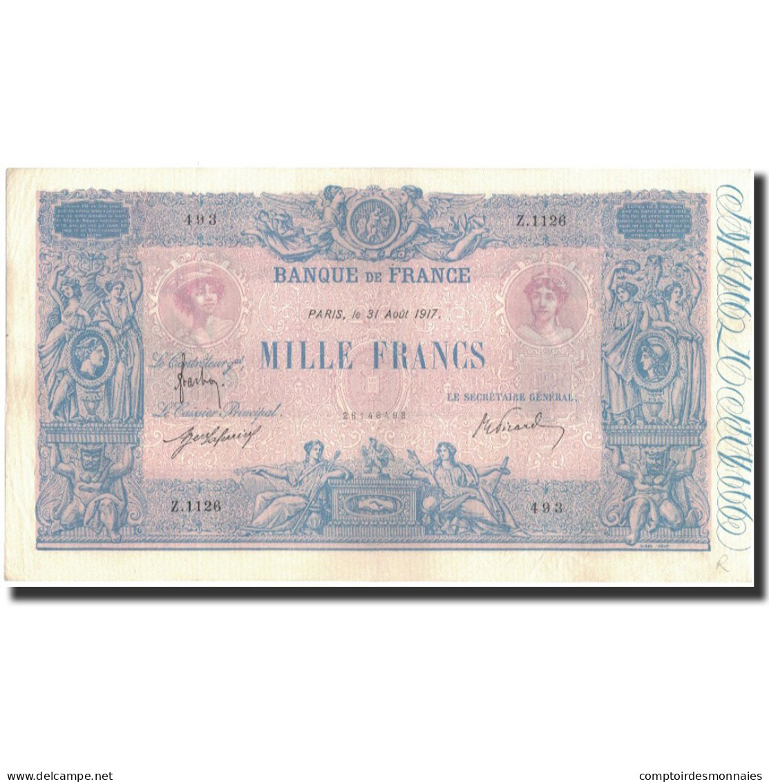France, 1000 Francs, 1917–08–31, SUP, Fayette:36.31, KM:67g - 1 000 F 1889-1926 ''Bleu Et Rose''