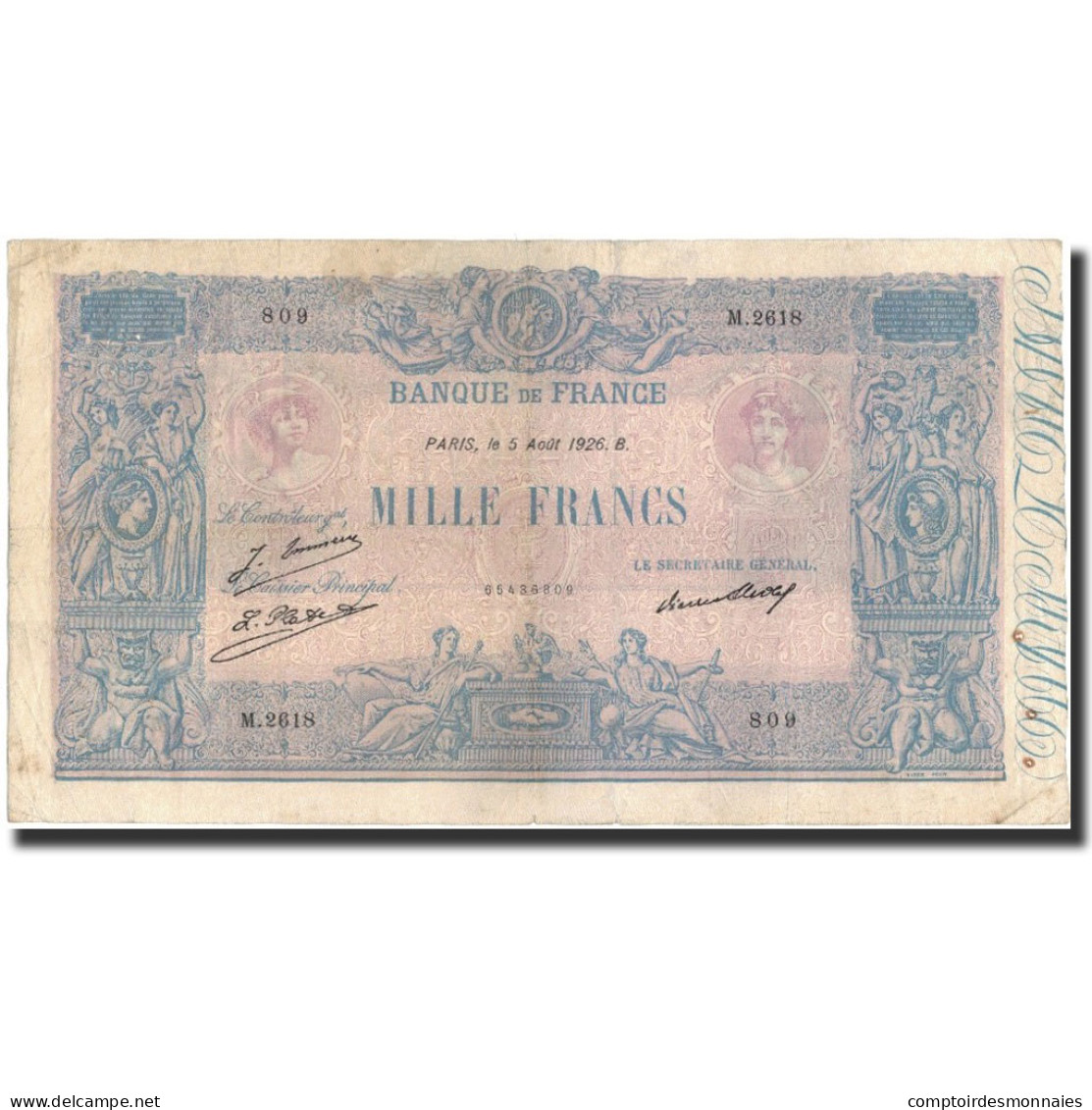 France, 1000 Francs, 1926–08–05, TB+, Fayette:36.42, KM:67k - 1 000 F 1889-1926 ''Bleu Et Rose''