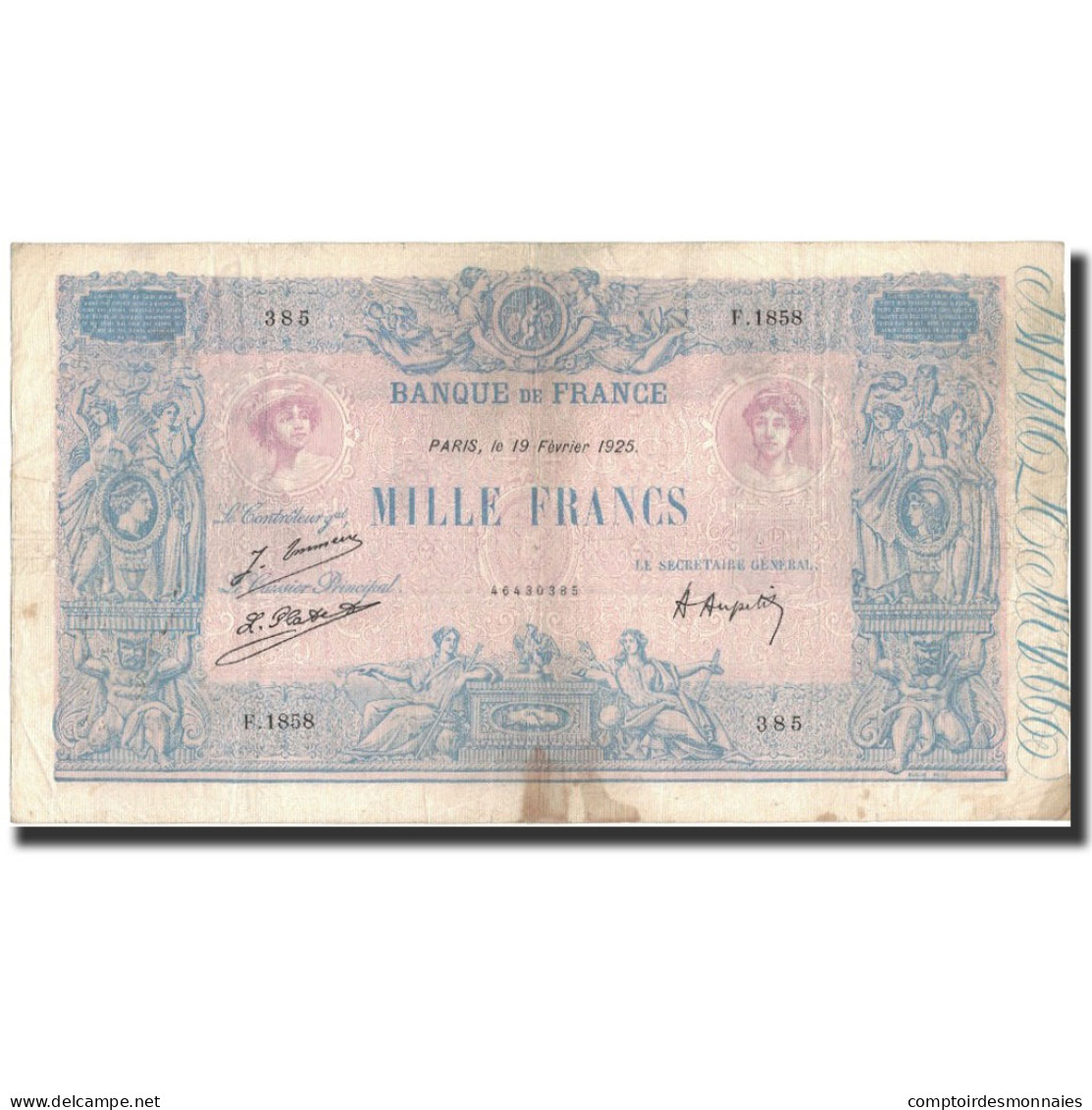 France, 1000 Francs, 1925–02–19, TB+, Fayette:36.41, KM:67j - 1 000 F 1889-1926 ''Bleu Et Rose''