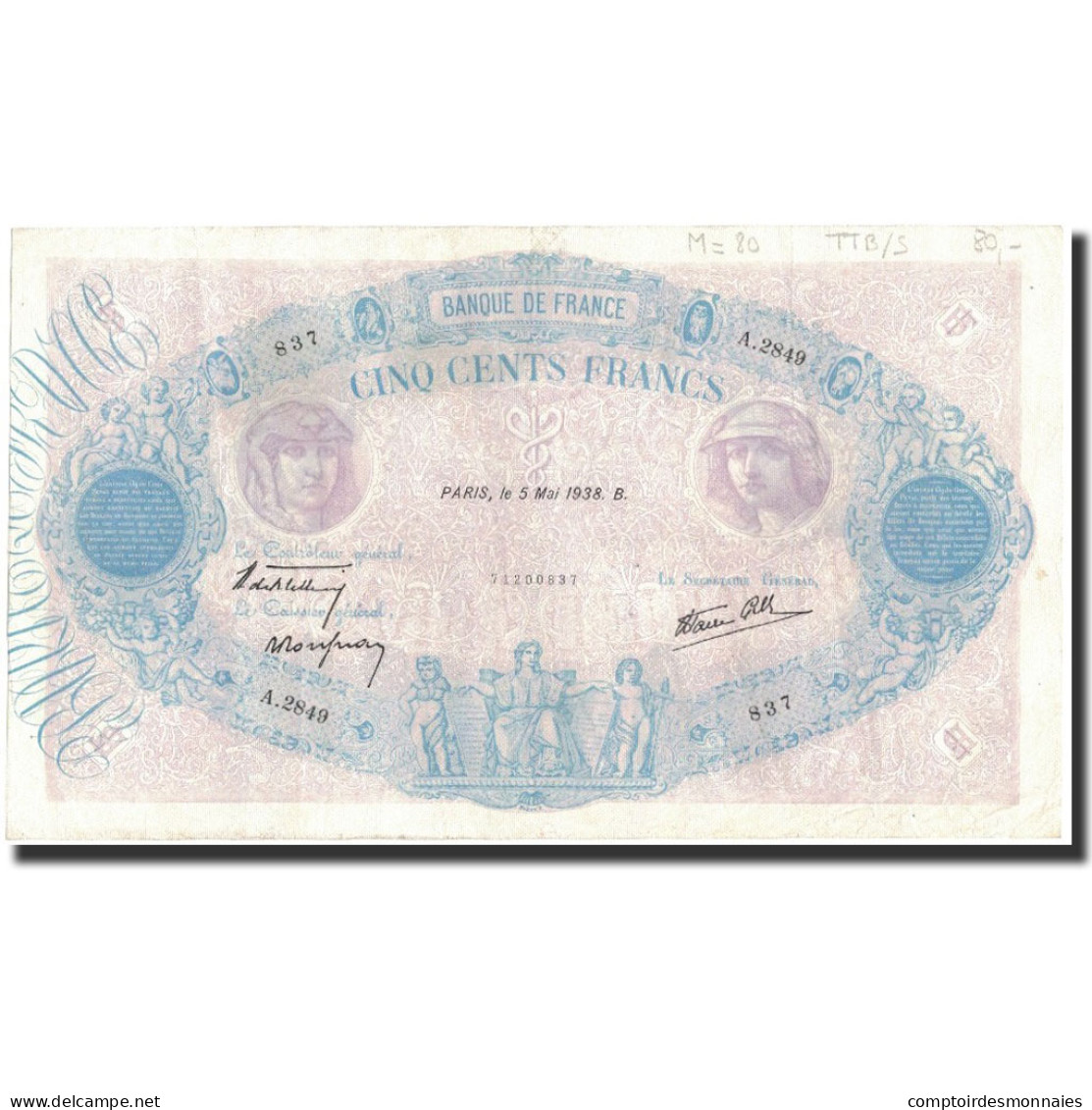 France, 500 Francs, 1938-05-05, TTB+, Fayette:31.10, KM:88c - 500 F 1888-1940 ''Bleu Et Rose''