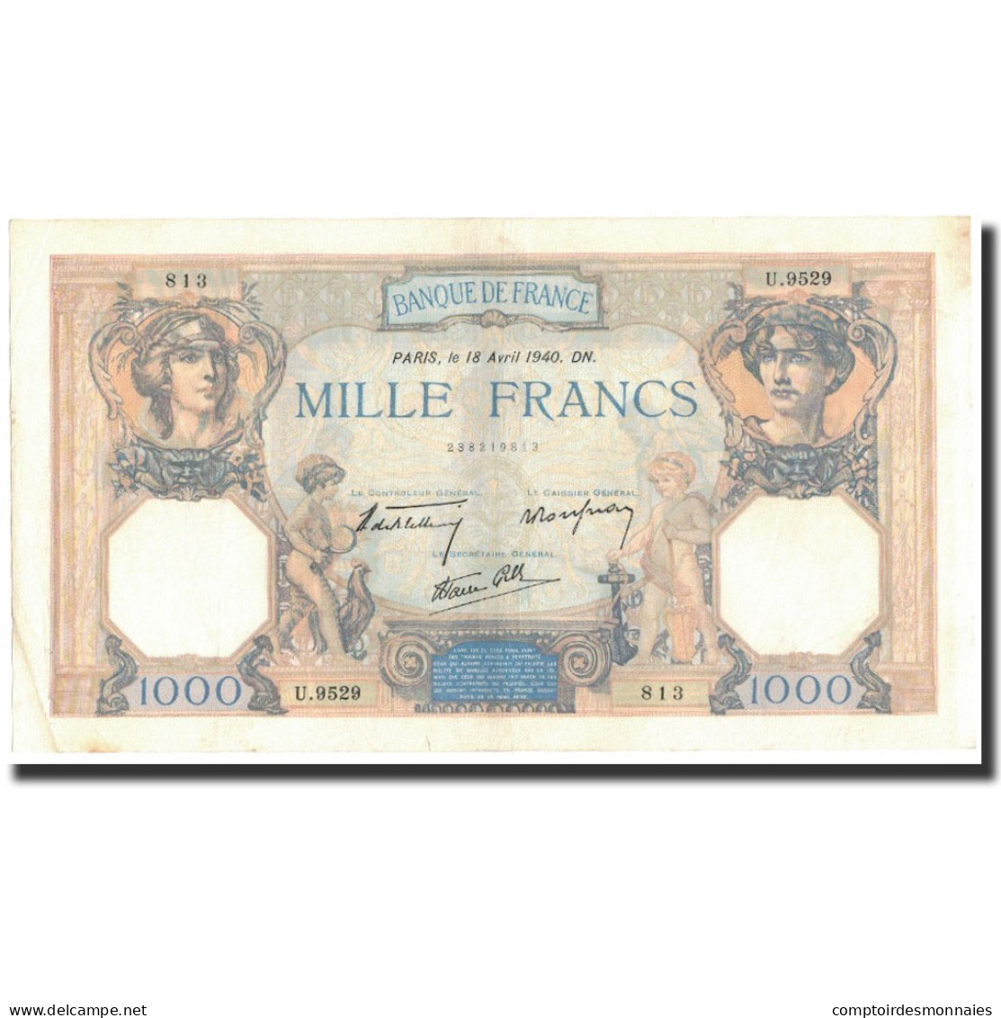 France, 1000 Francs, 1940-04-18, TTB+, Fayette:38.46, KM:90c - 1 000 F 1927-1940 ''Cérès Et Mercure''