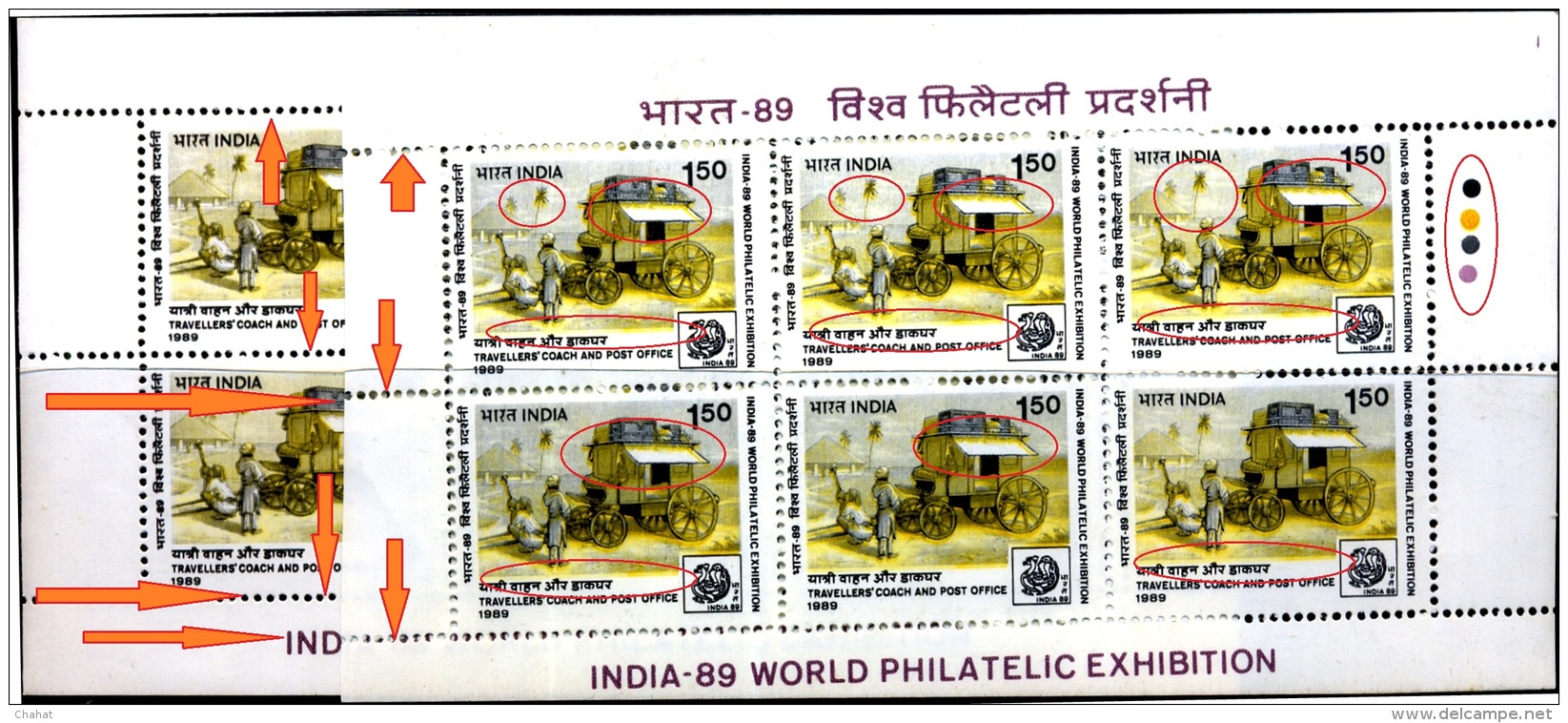 TRAVELLER'S COACH &amp; POST OFFICE-ERROR-INDIA 89-WORLD PHILATELIC EXHIBITION-BOOKLET PANES-EXTREMELY SCARCE-MNH-M-145