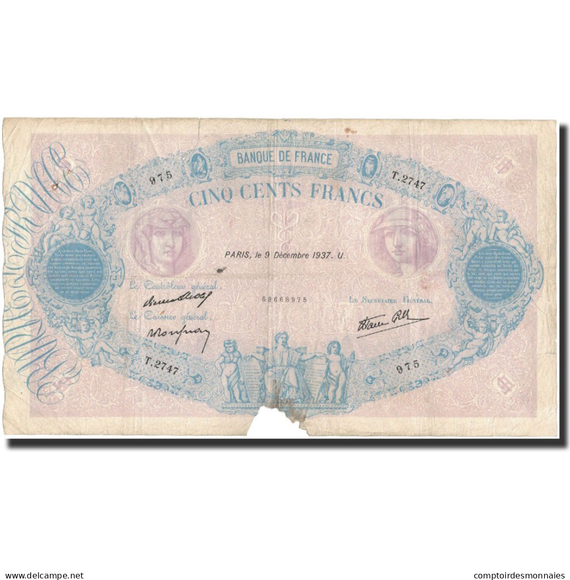 France, 500 Francs, 1937-12-09, B+, Fayette:31.5, KM:88b - 500 F 1888-1940 ''Bleu Et Rose''