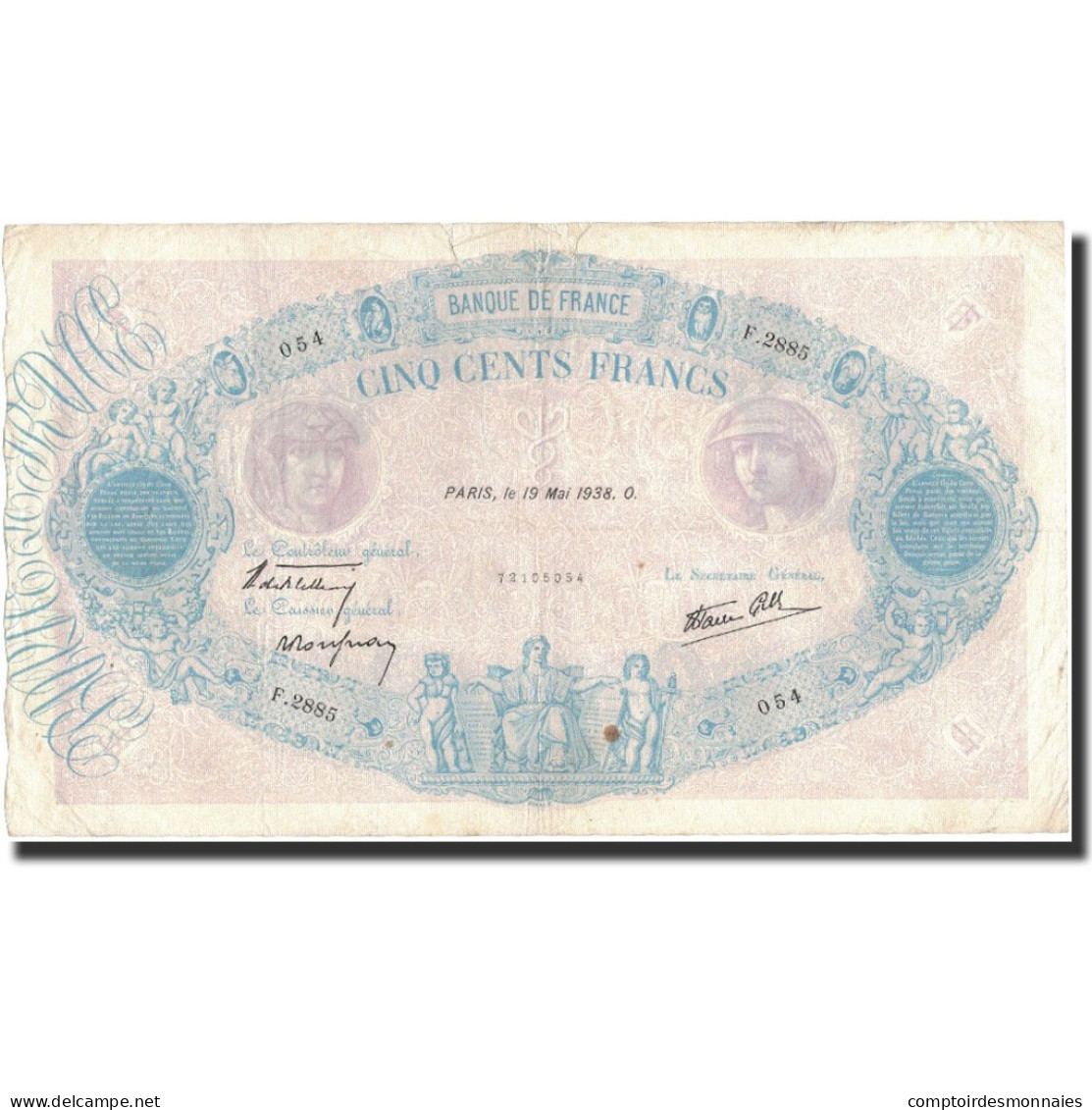 France, 500 Francs, 1938-05-19, TB, Fayette:31.11, KM:88c - 500 F 1888-1940 ''Bleu Et Rose''