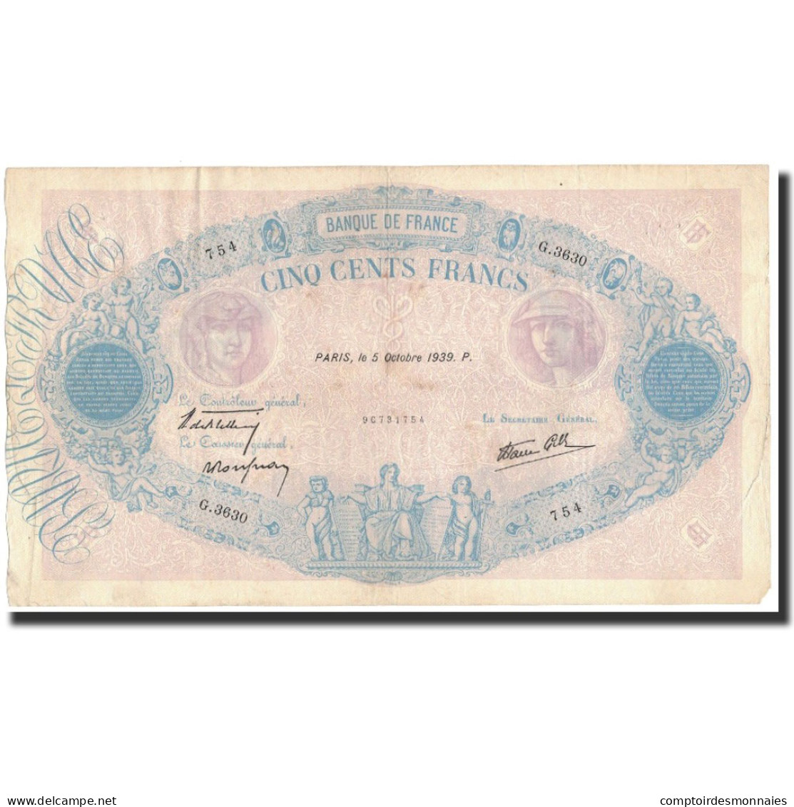 France, 500 Francs, 1939-10-05, TTB, Fayette:31.42, KM:88c - 500 F 1888-1940 ''Bleu Et Rose''