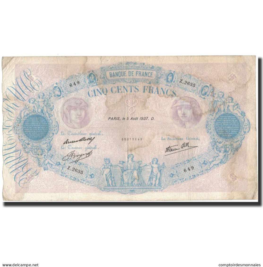 France, 500 Francs, 1937-08-05, TB+, Fayette:31.1, KM:88a - 500 F 1888-1940 ''Bleu Et Rose''