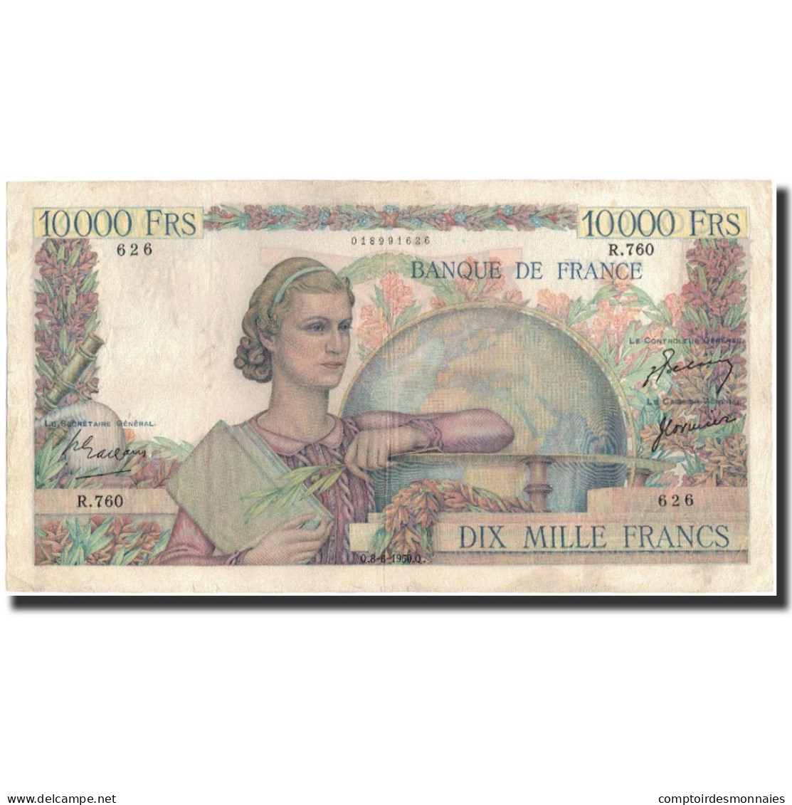 France, 10,000 Francs, 1950-06-08, TTB, Fayette:50.32, KM:132b - 10 000 F 1945-1956 ''Génie Français''