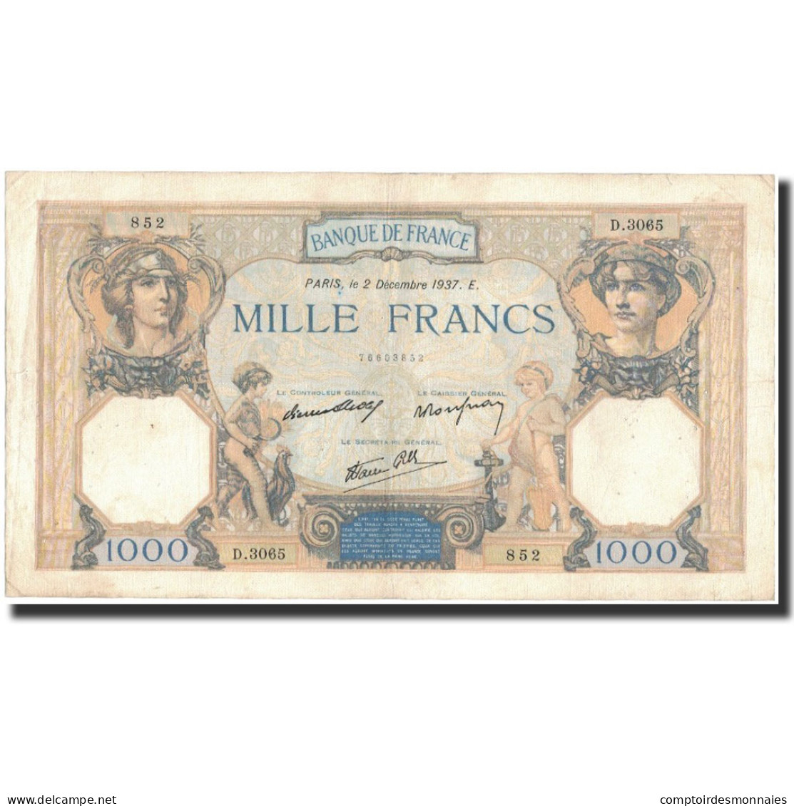 France, 1000 Francs, 1937-12-02, TB+, Fayette:38.5, KM:90b - 1 000 F 1927-1940 ''Cérès E Mercure''