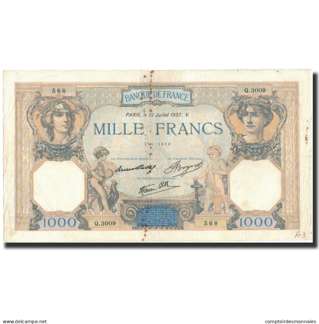 France, 1000 Francs, 1937-07-15, TB+, Fayette:38.2, KM:90a - 1 000 F 1927-1940 ''Cérès E Mercure''