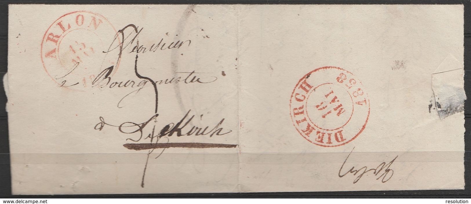 L. Non-affranchie D'ARLON Pour DIEKIRCH - Càd "ARLON/15 Mai/1858" - Port "3" (au Dos: Càd "DIEKIRCH/16 MAI/1858") - 1852 Guillaume III