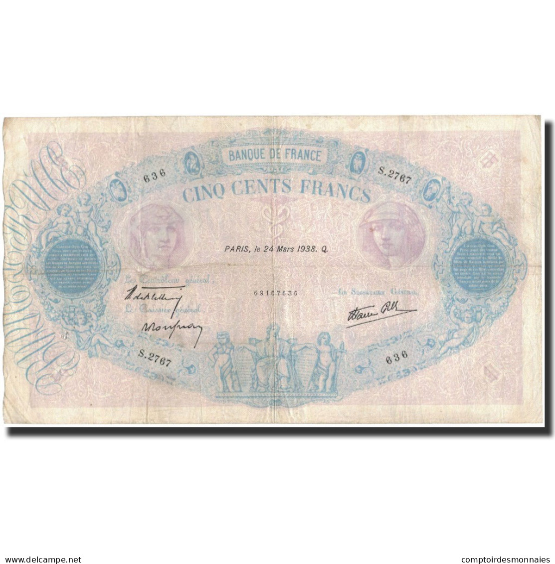 France, 500 Francs, 1938-03-24, TB, Fayette:31.6, KM:88c - 500 F 1888-1940 ''Bleu Et Rose''