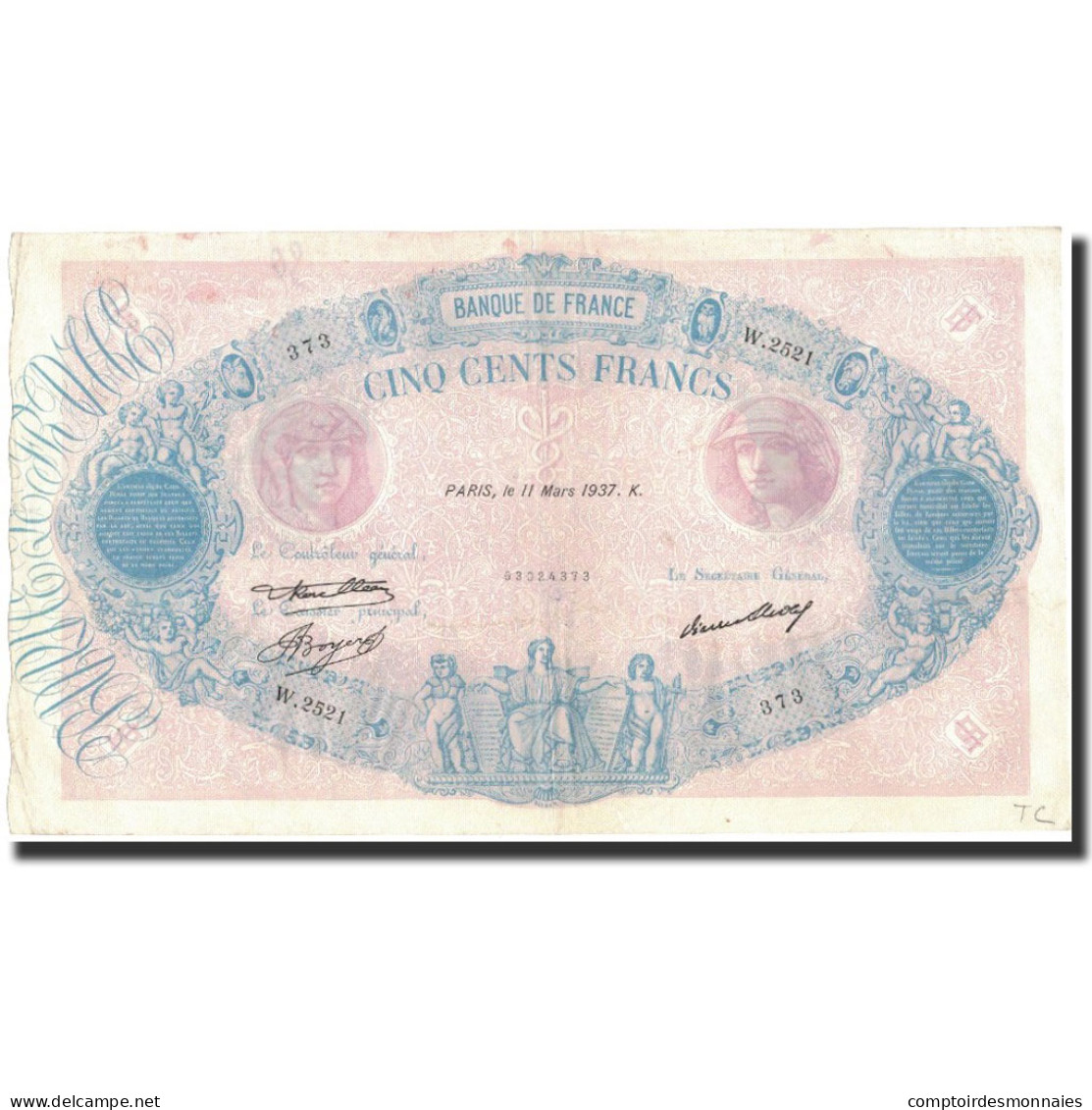 France, 500 Francs, 1937-03-11, TTB, Fayette:30.38, KM:66m - 500 F 1888-1940 ''Bleu Et Rose''