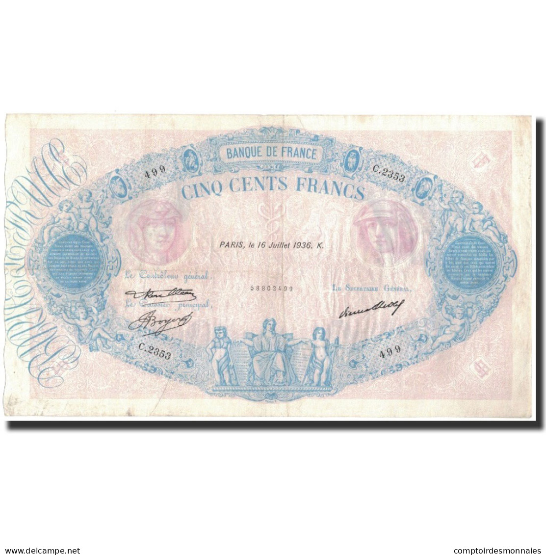 France, 500 Francs, 1936-07-16, TTB+, Fayette:30.37, KM:66m - 500 F 1888-1940 ''Bleu Et Rose''