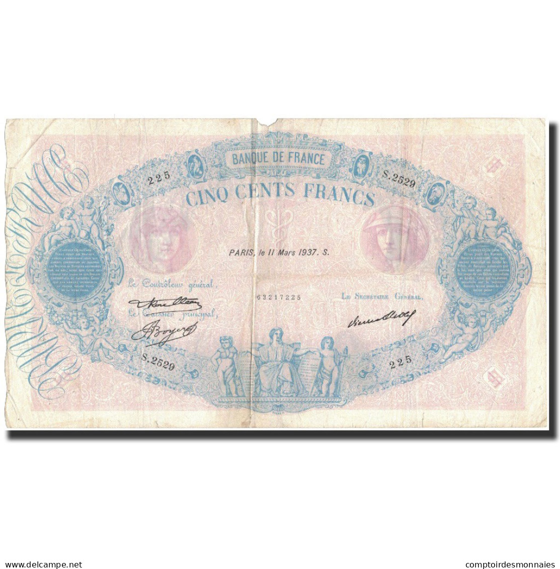 France, 500 Francs, 1937-03-11, TB, Fayette:30.38, KM:66m - 500 F 1888-1940 ''Bleu Et Rose''