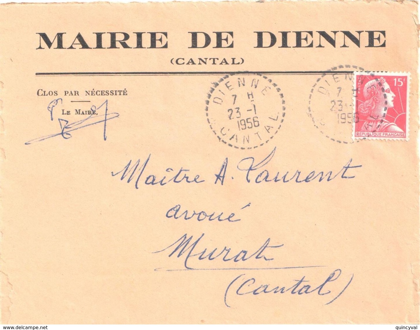 4379 DIENNE Cantal Lettre 15F Muller Yv 1011 Ob 23 1 1956 Recette Distribution B7 Facteur Boitier 04 Dest Murat - Storia Postale