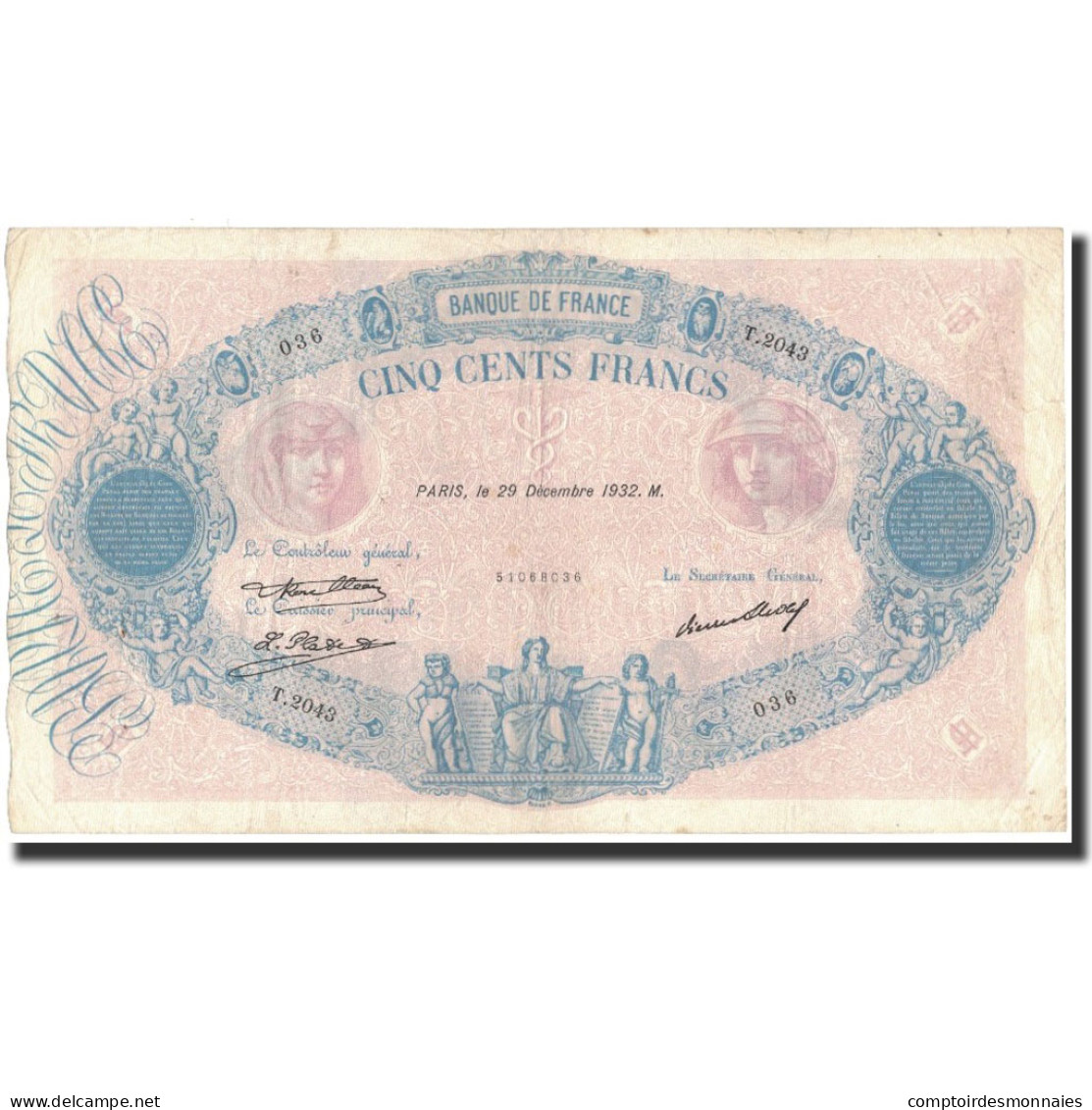 France, 500 Francs, 1932-12-29, TTB, Fayette:30.35, KM:66l - 500 F 1888-1940 ''Bleu Et Rose''