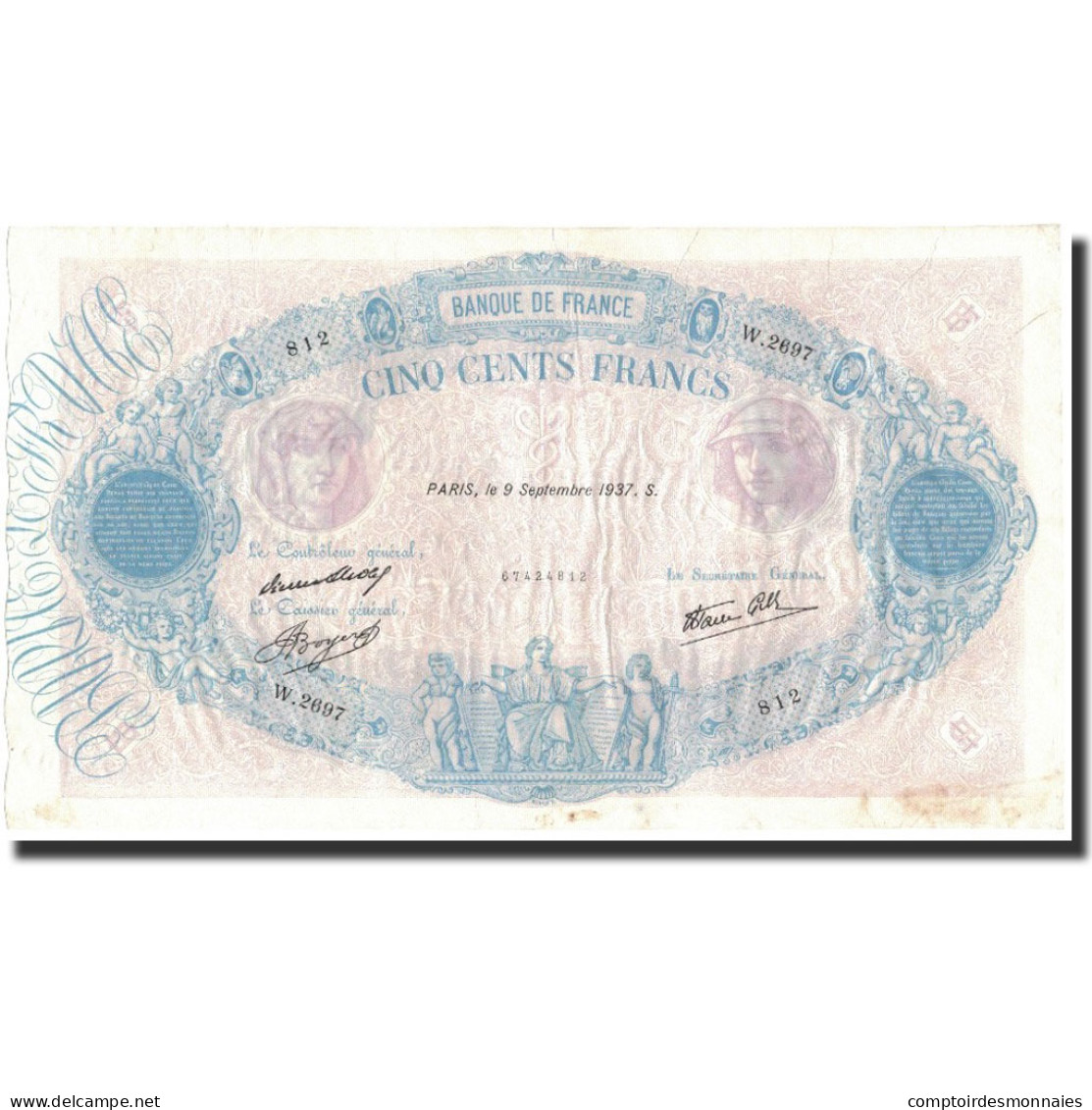 France, 500 Francs, 1937-09-09, TTB+, Fayette:31.3, KM:88a - 500 F 1888-1940 ''Bleu Et Rose''