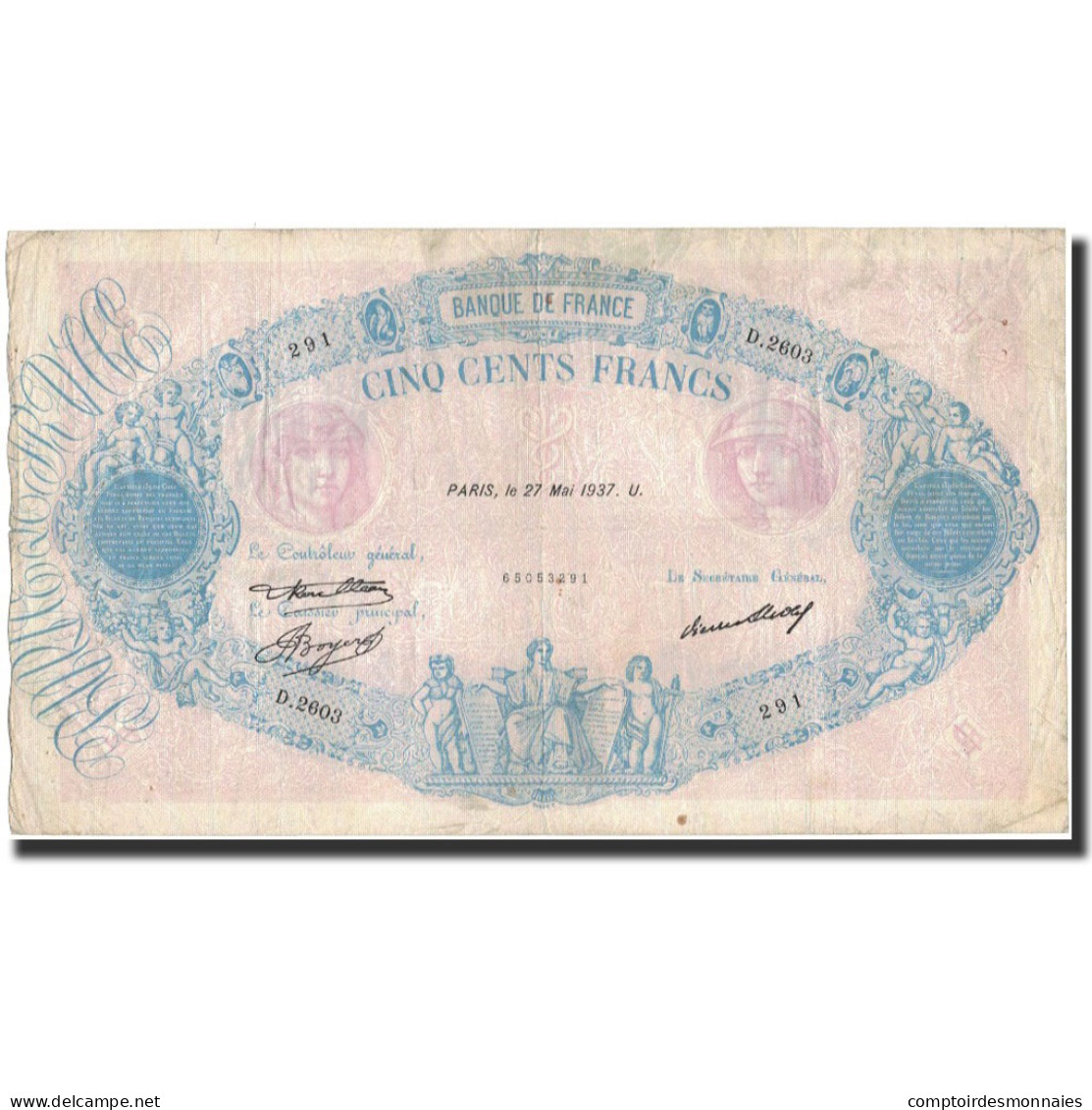 France, 500 Francs, 1937-05-27, TB+, Fayette:30.38, KM:66m - 500 F 1888-1940 ''Bleu Et Rose''